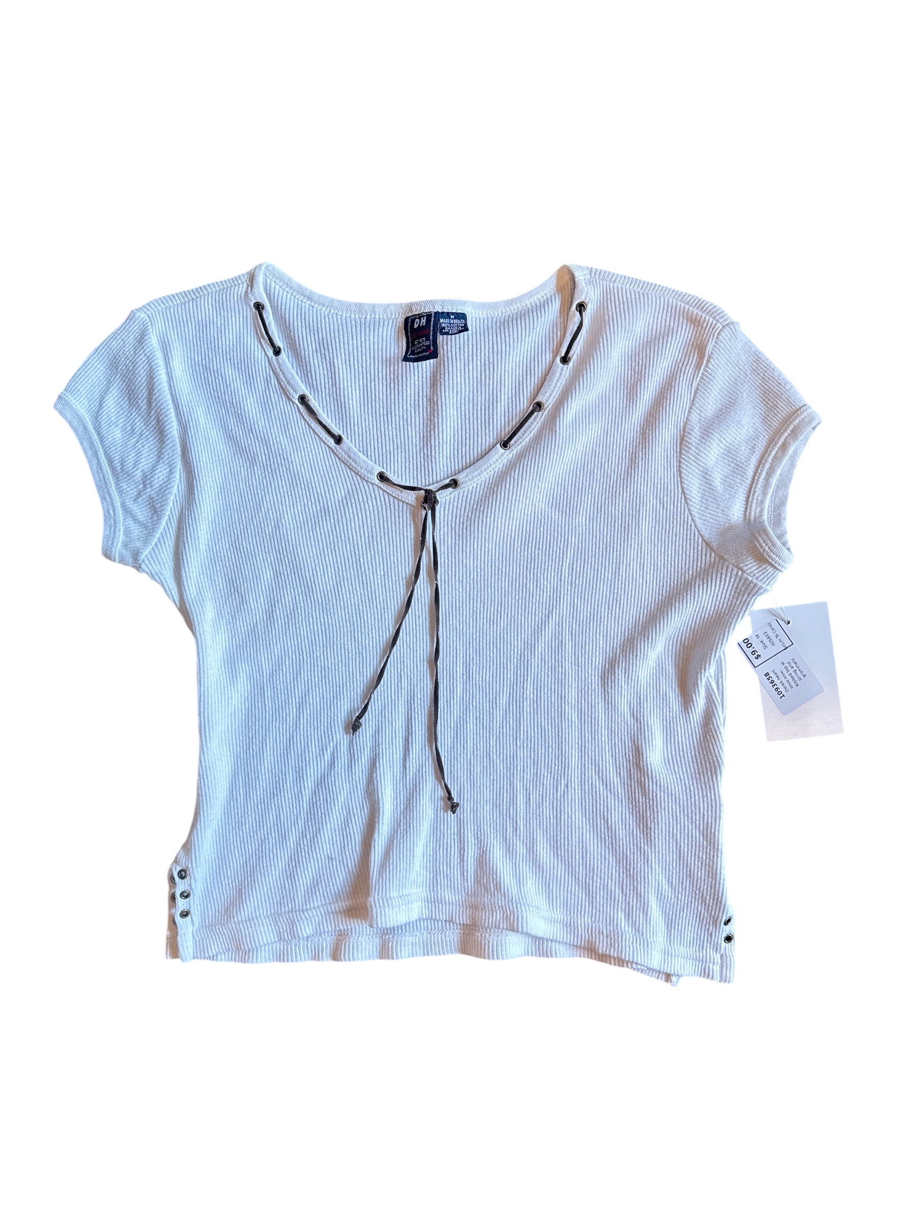 White brown Derek heart Ribbed top w string and grommets, M