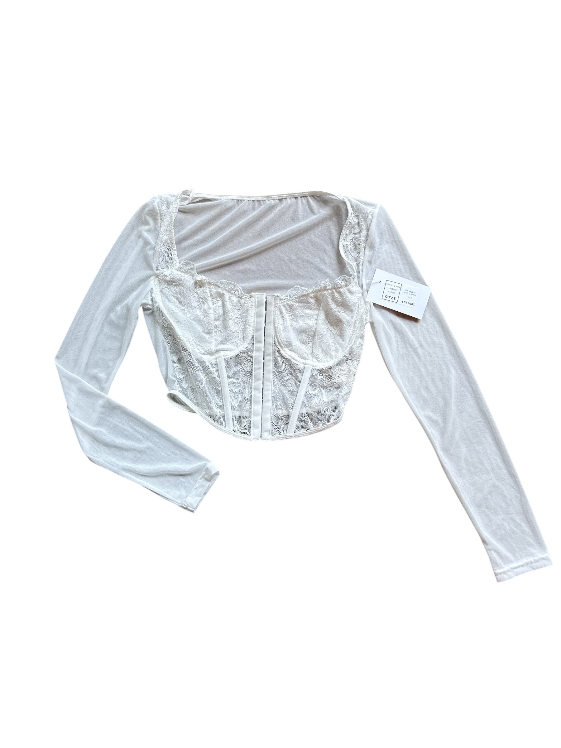 white  mesh ls lace bustier top, s