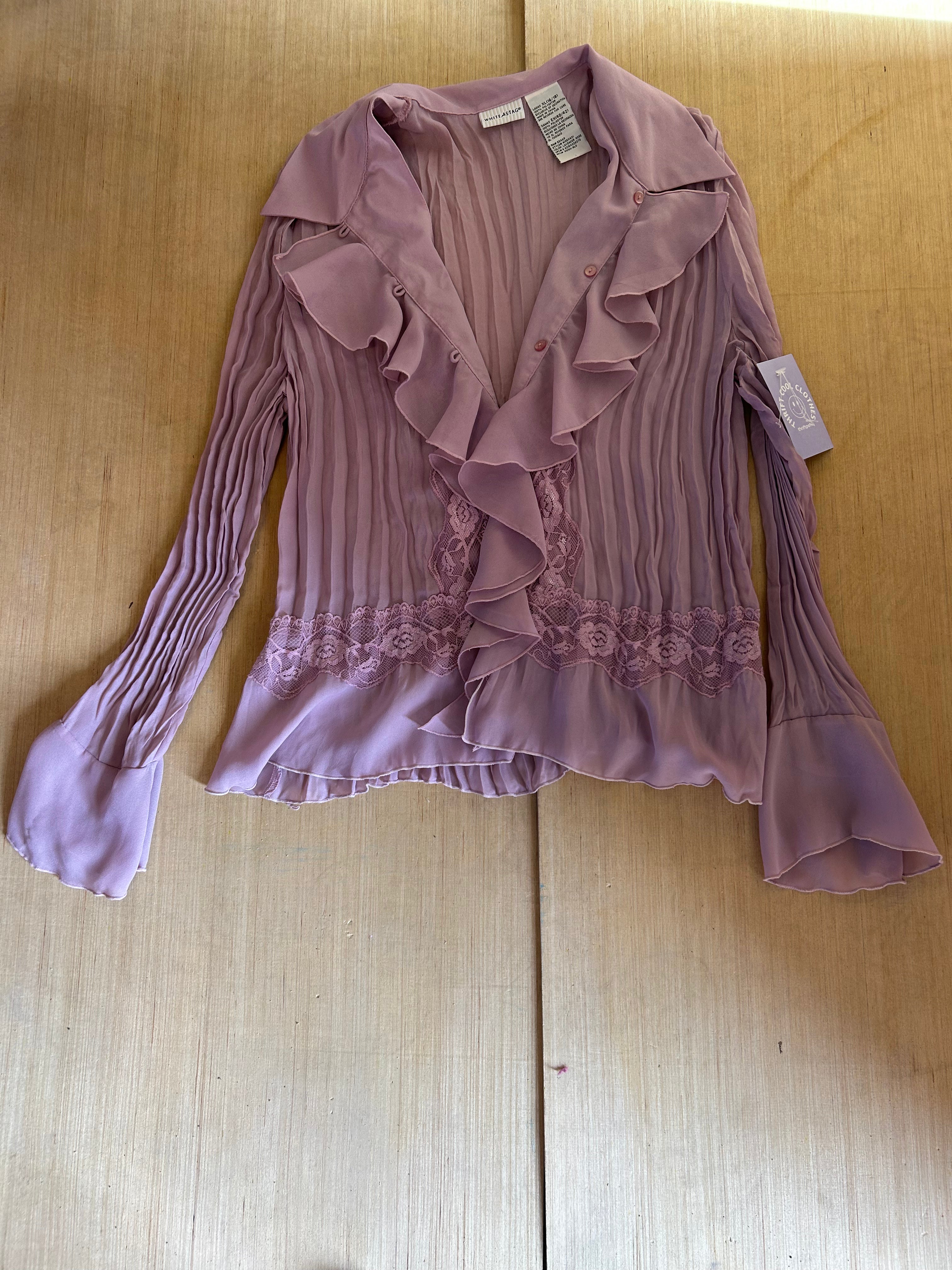 purple whtie stag floral ruffley top, XL