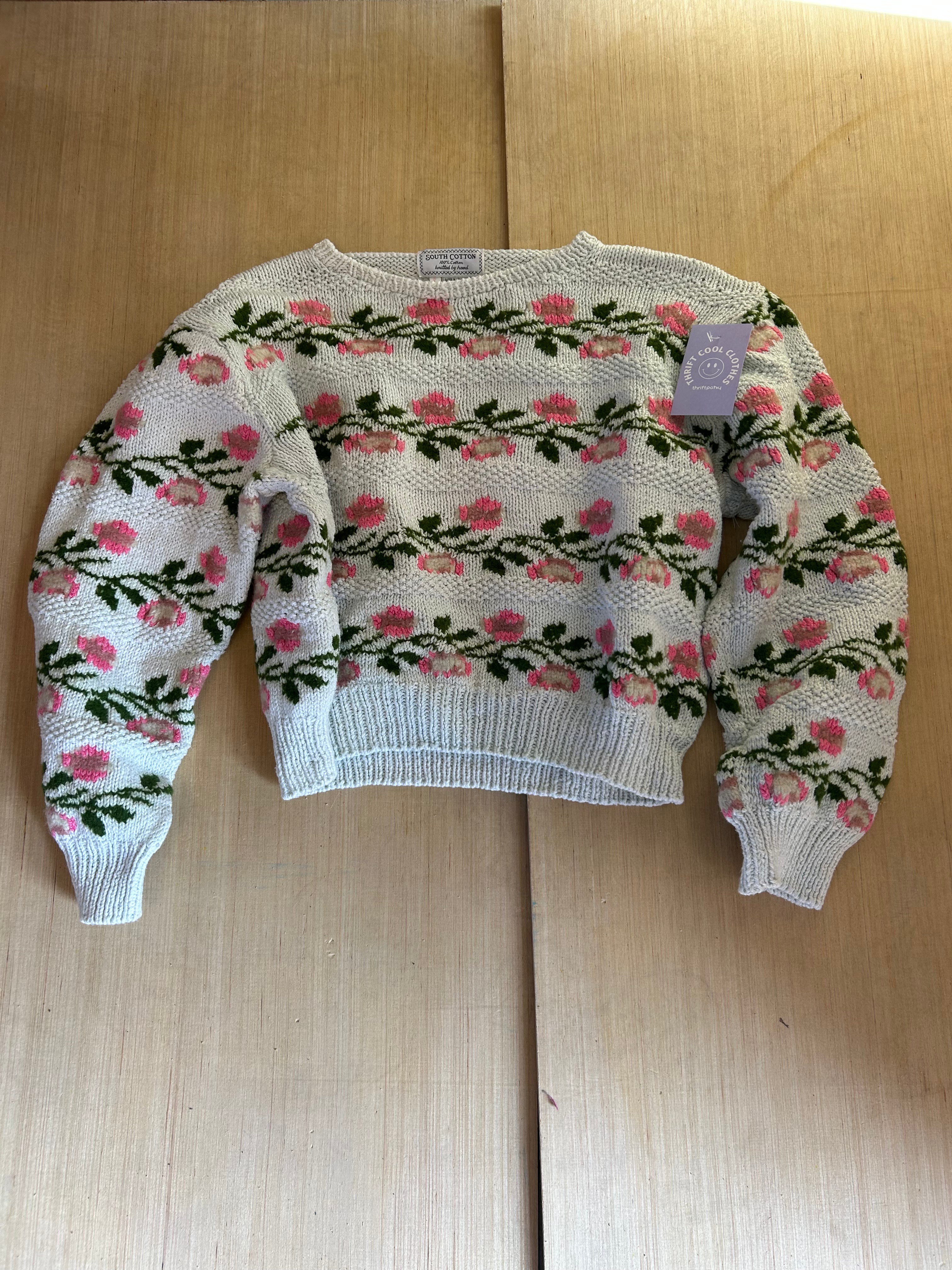 white pink green south cotton floral sweater, L