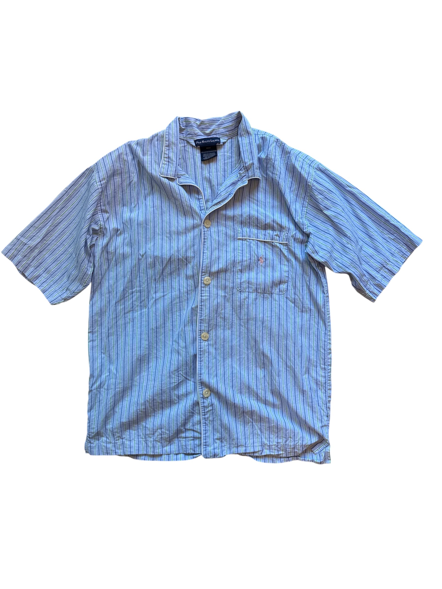 blue green ralph lauren button down ss top, M