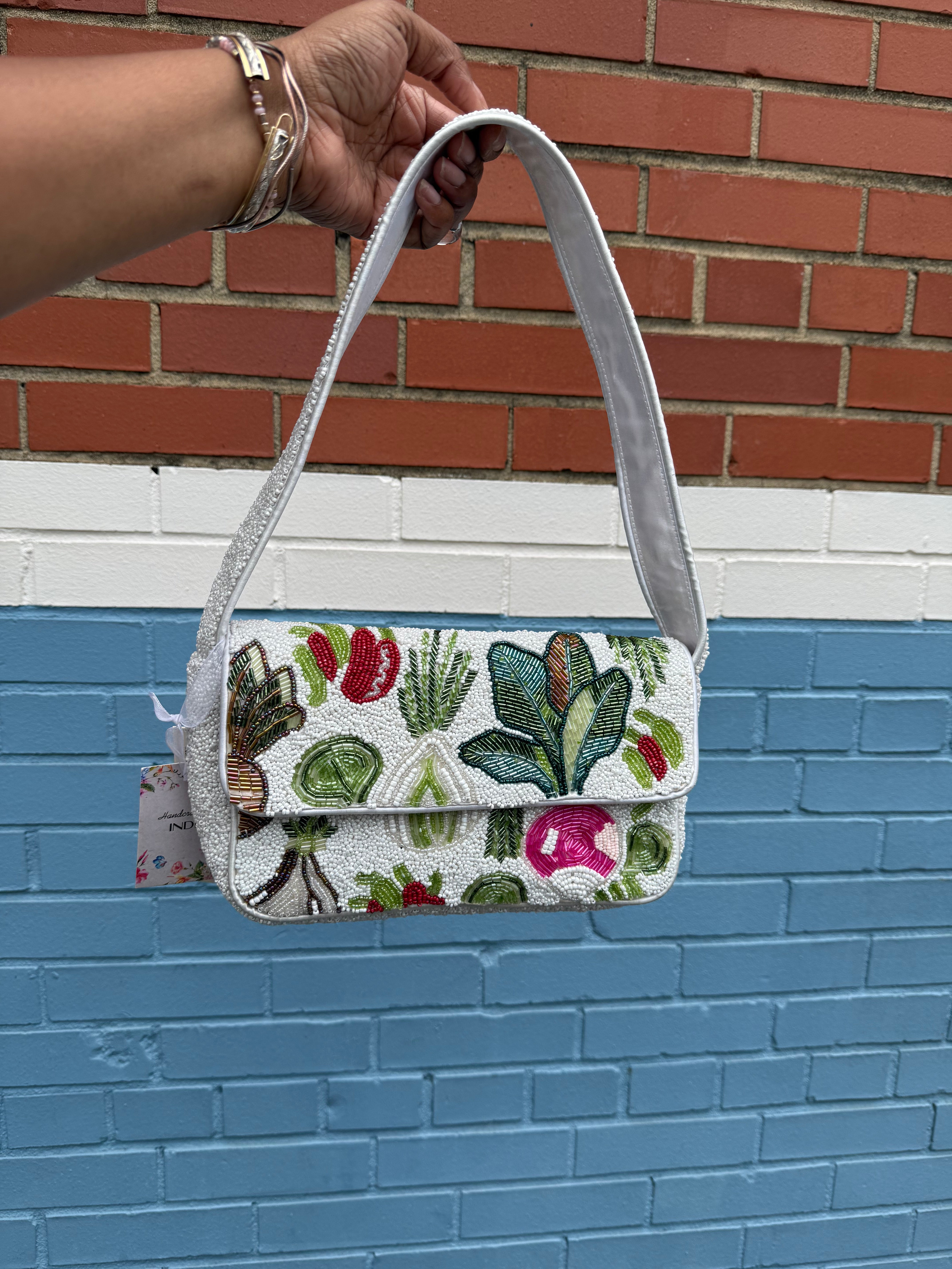 white green  beaded lil bag