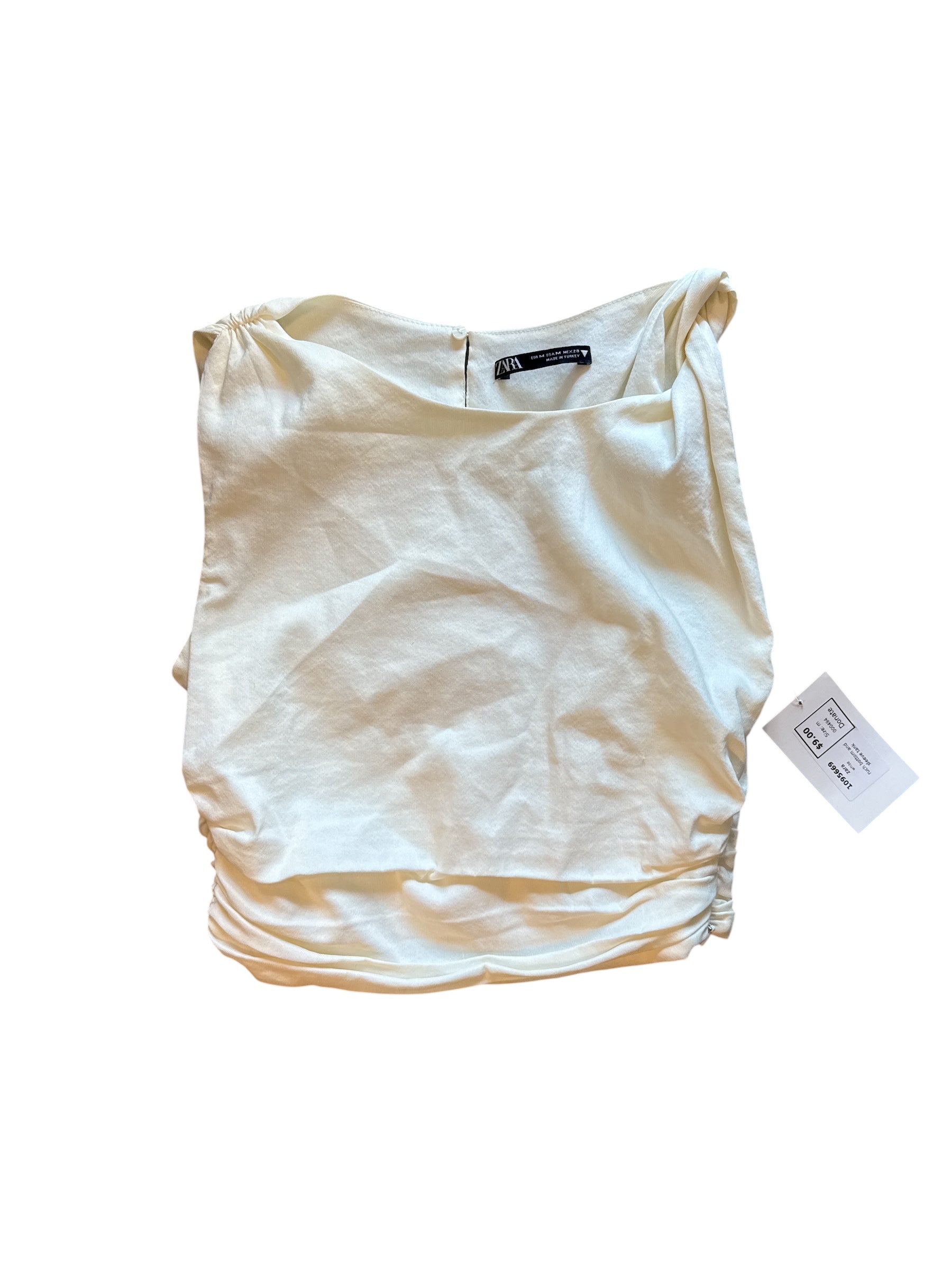 white zara ruch bottom and sleeve tank, m