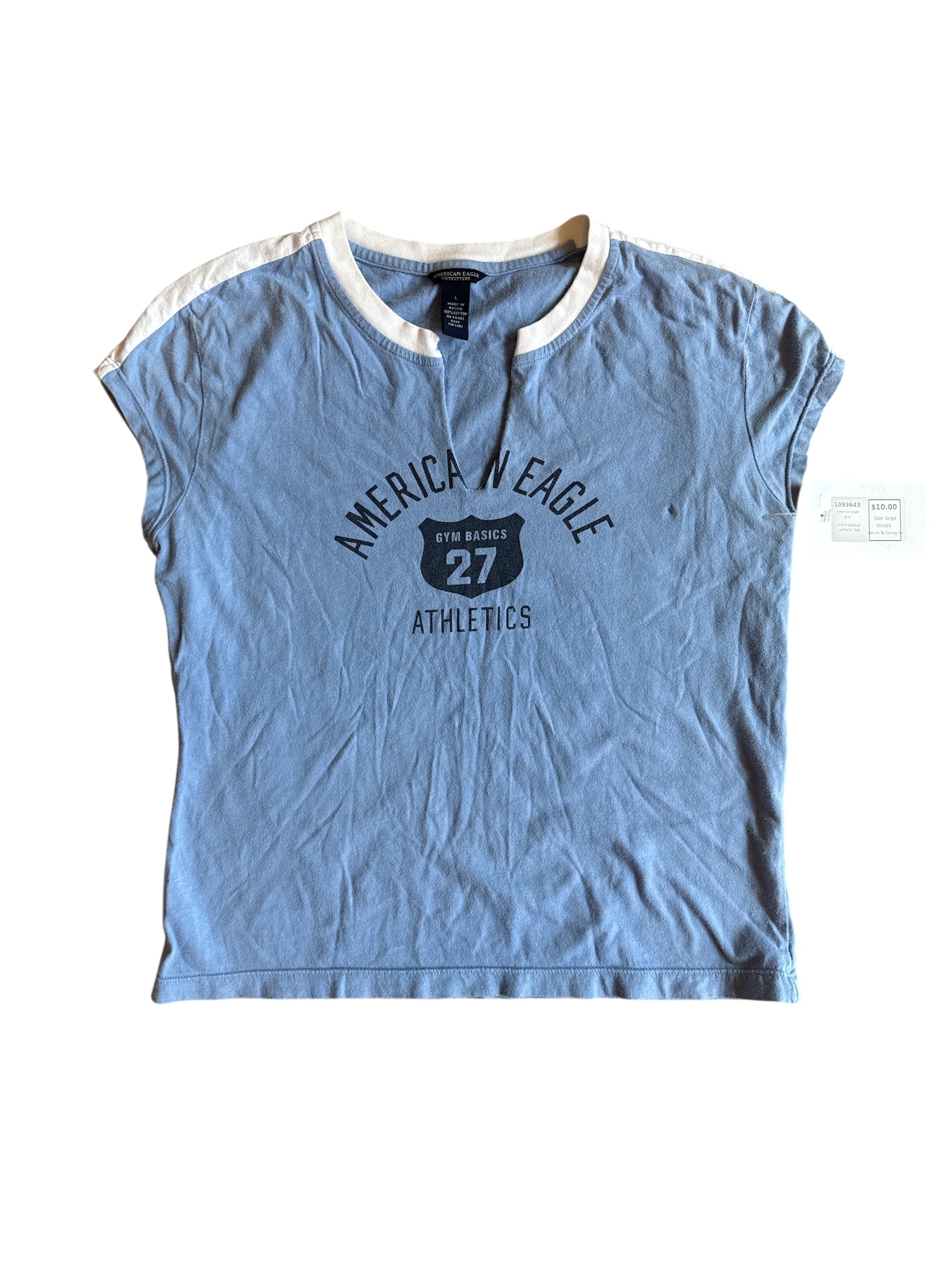 blue American eagle short sleeve athletic top, large