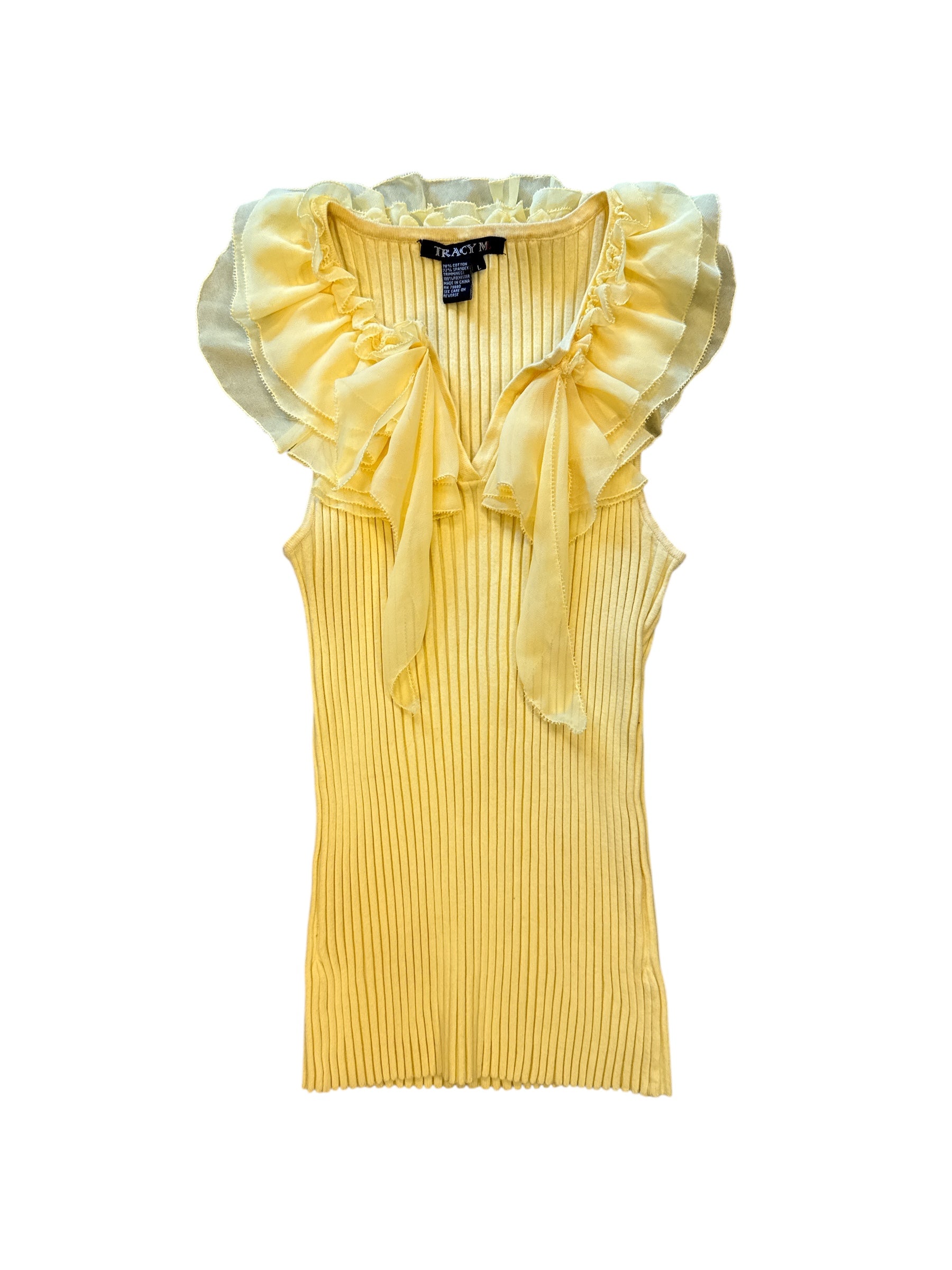 yellow tracy m ribbed ruffle top, l