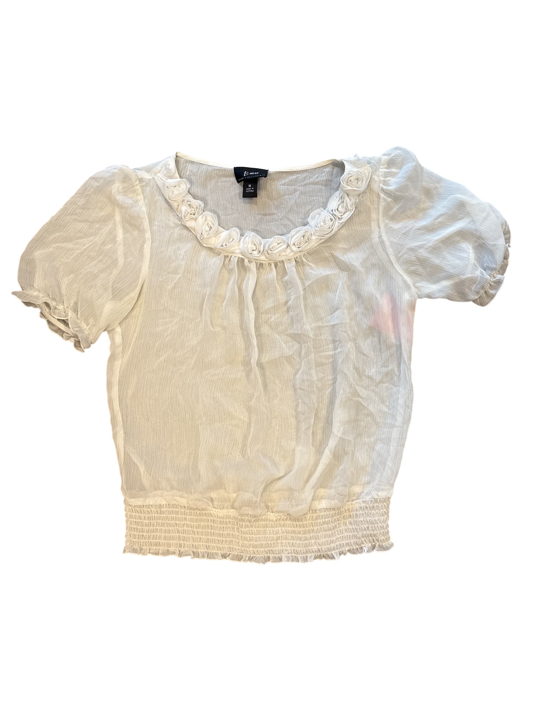 cream byer rose trim sheer ss smocked top, M