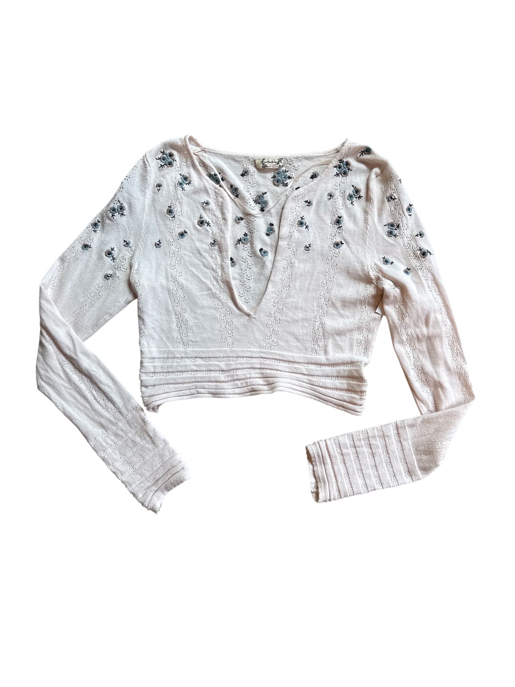 white blue free people embroider v neck sweater, s
