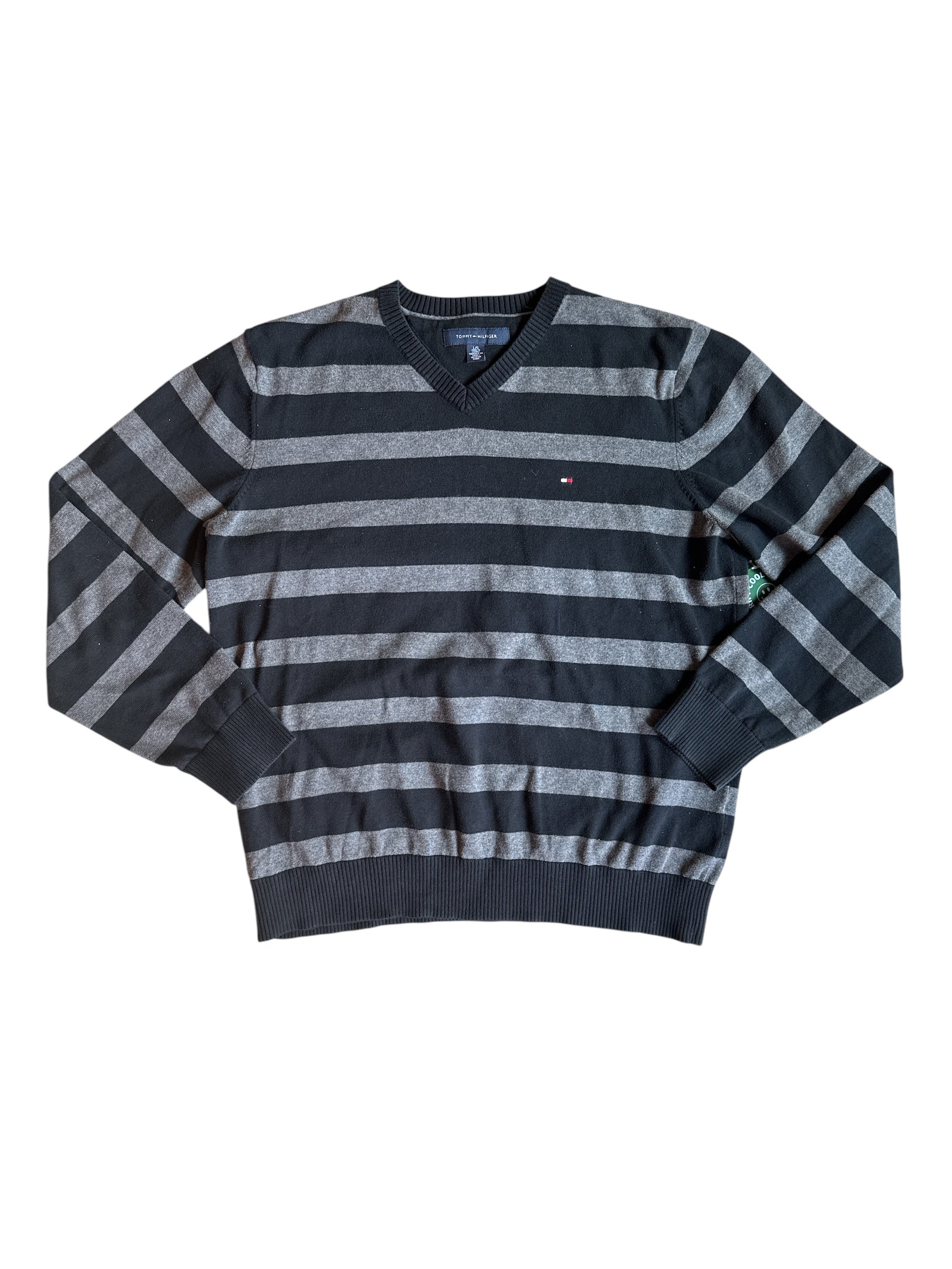 black gray tommy hilfiger striped v neck sweater, L