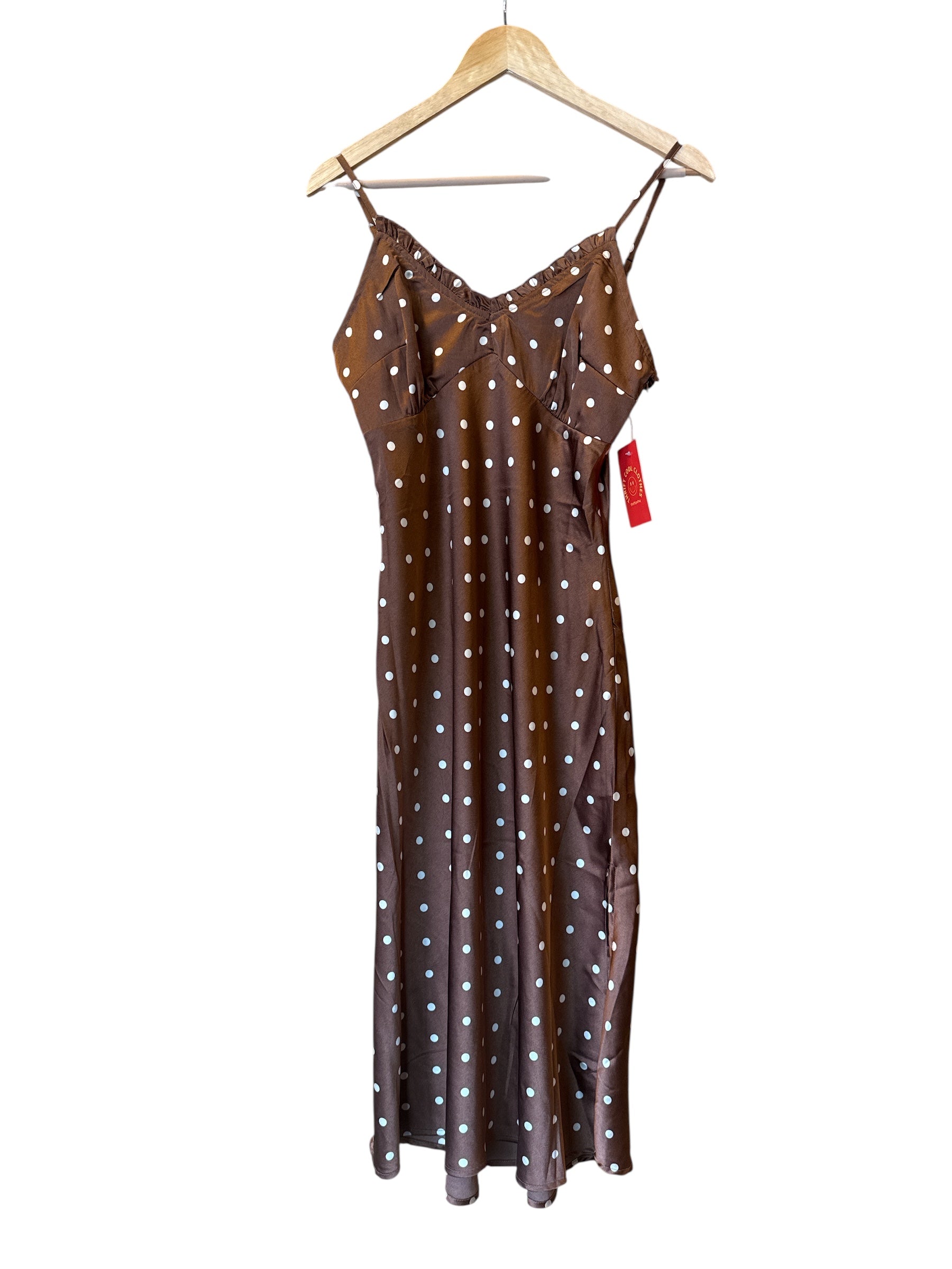 brown beige jepana polka dot cami satin long dress, s