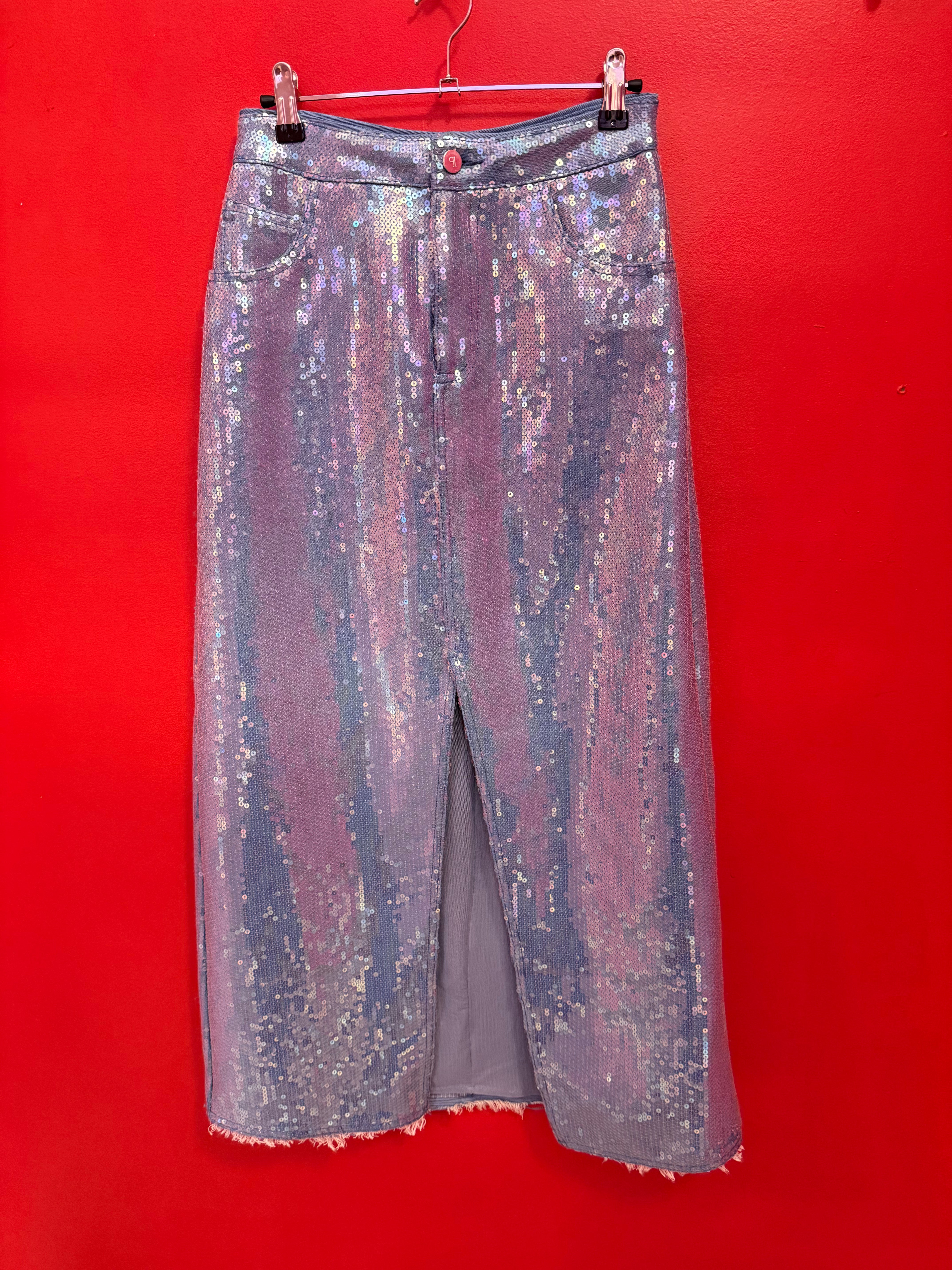 blue pilcro maxi sequined denim skirt, 2