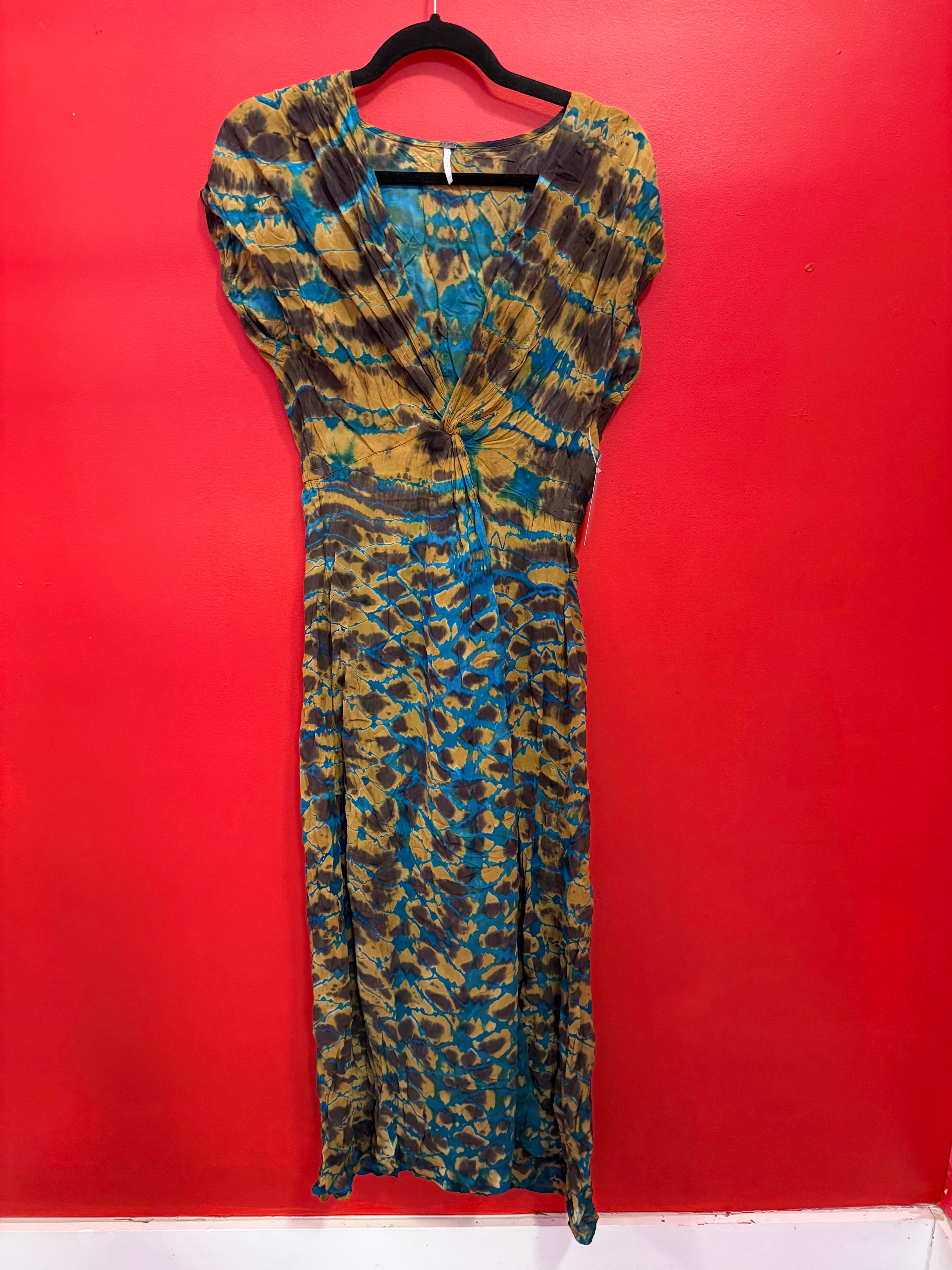 blue tan brown yfb tie dye ish v neck long dress, xs