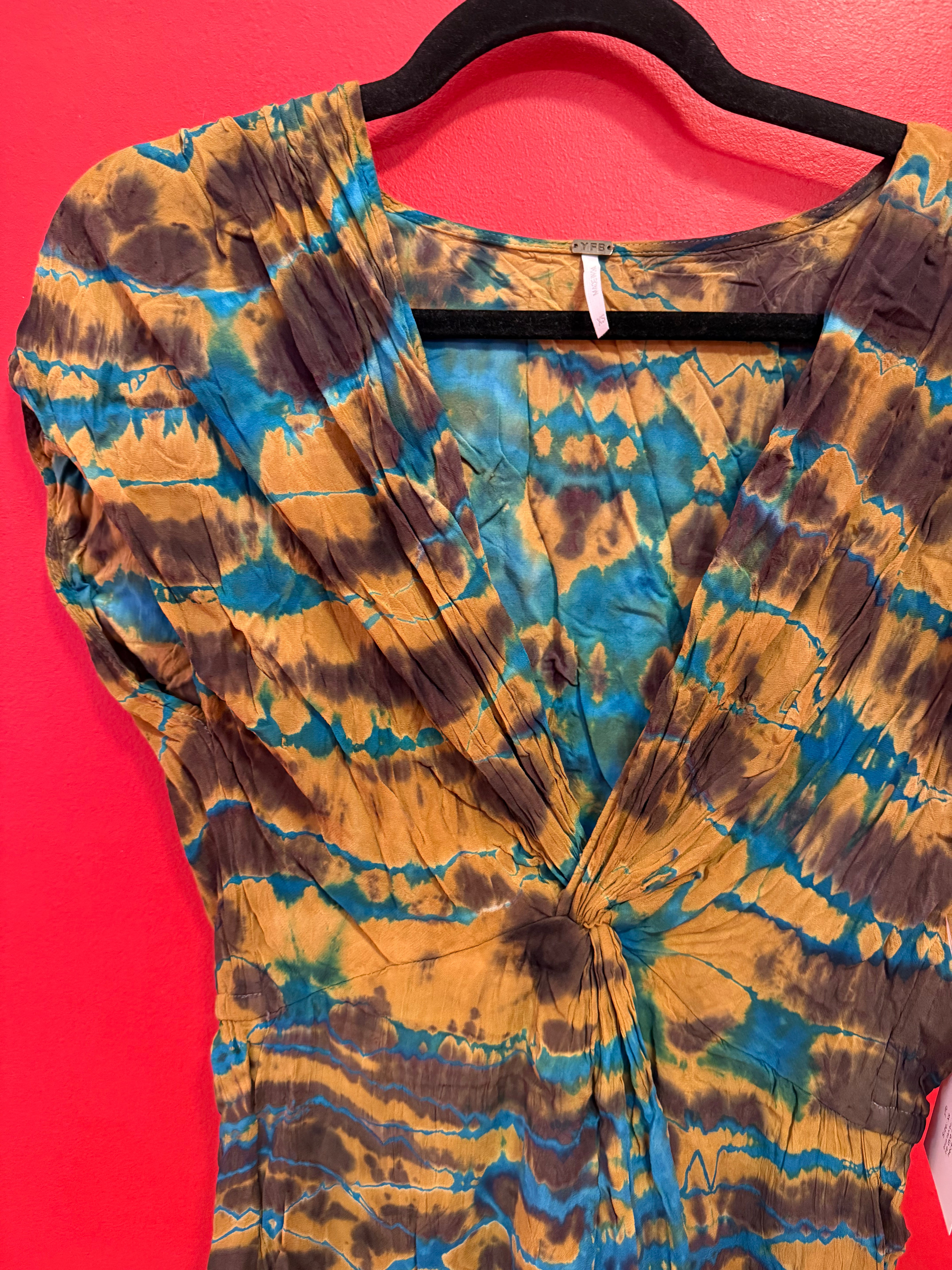 blue tan brown yfb tie dye ish v neck long dress, xs