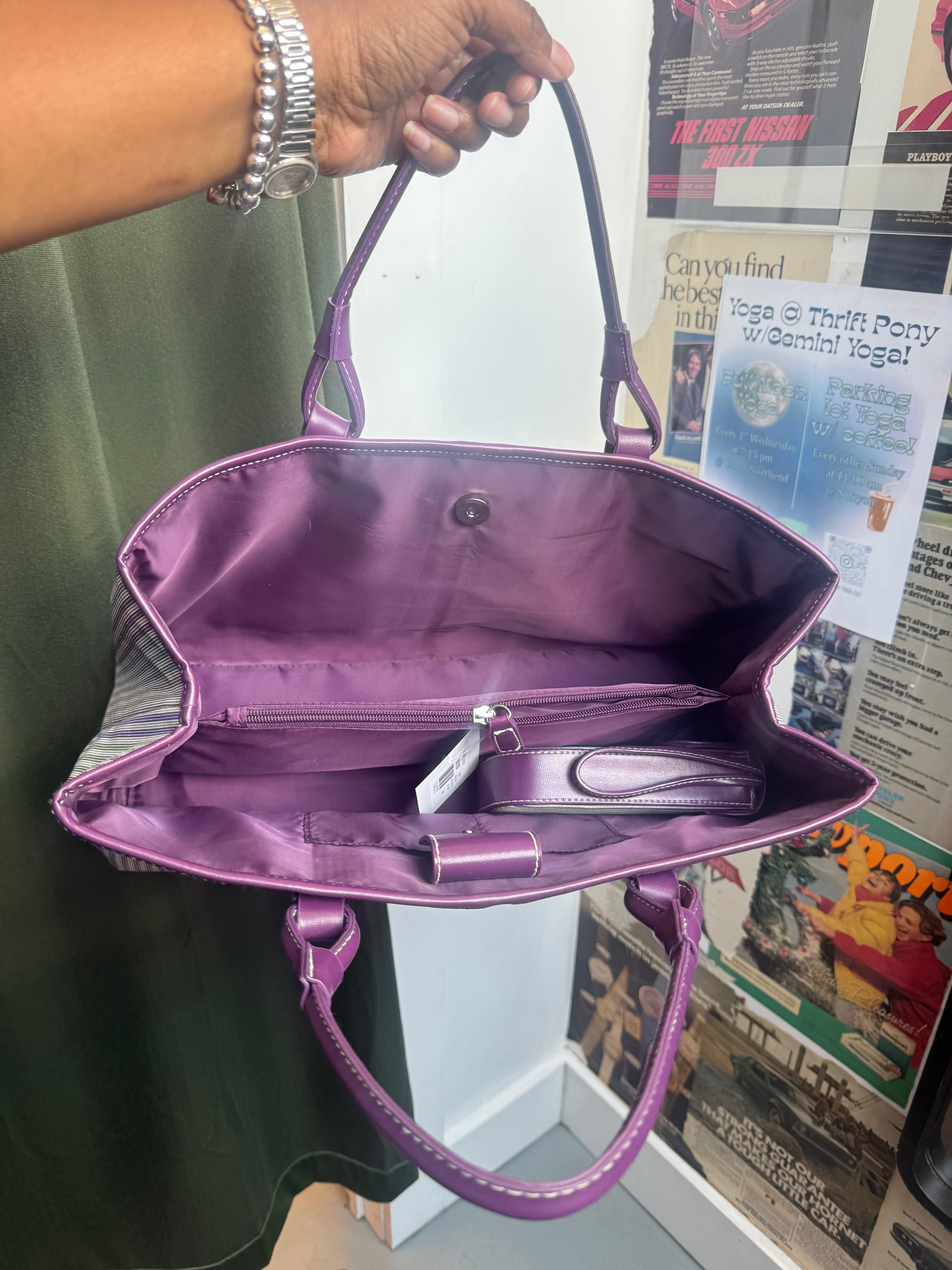 purple multi  striped purse and phone holder
