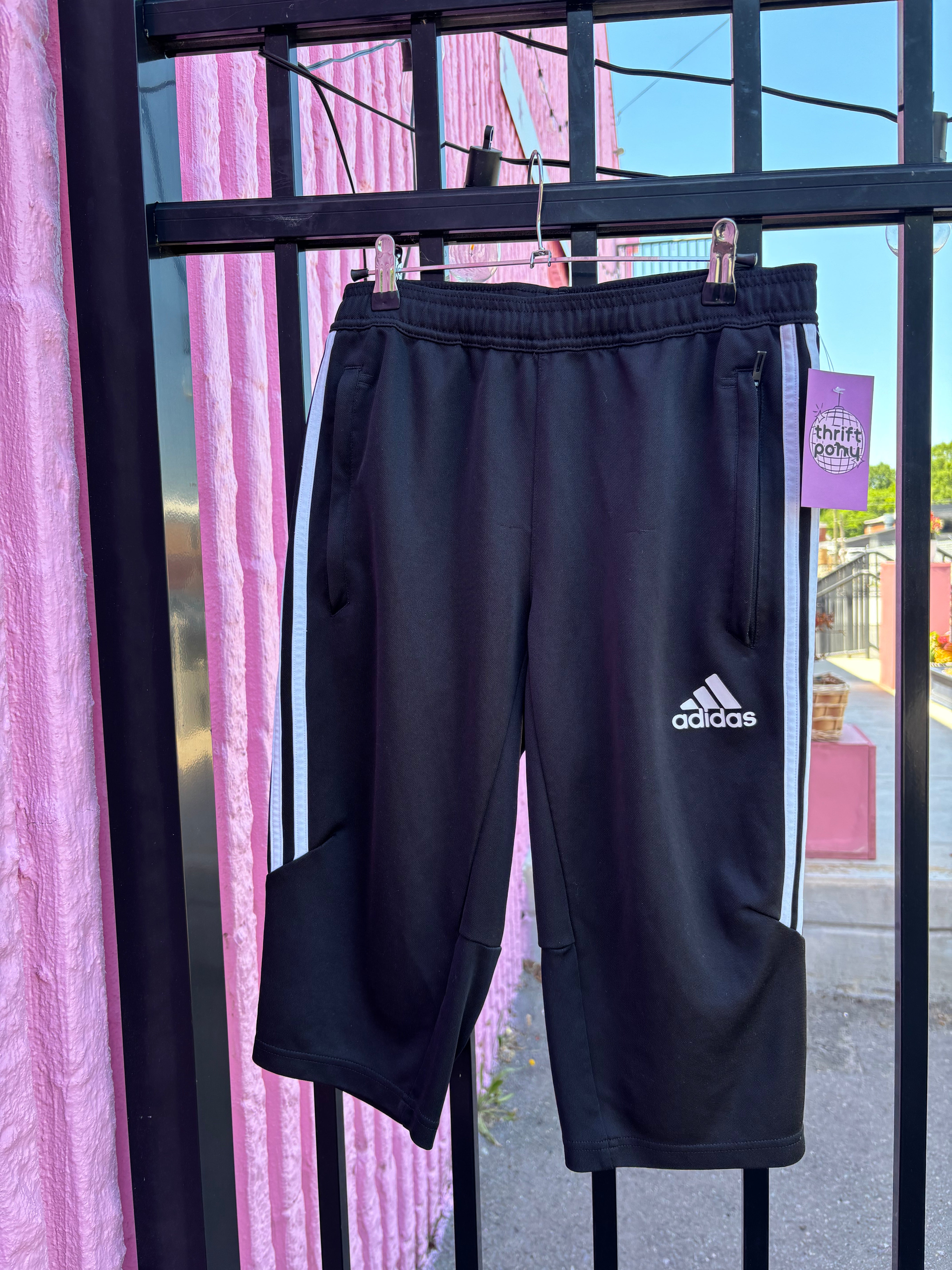black white adidas track capris, m