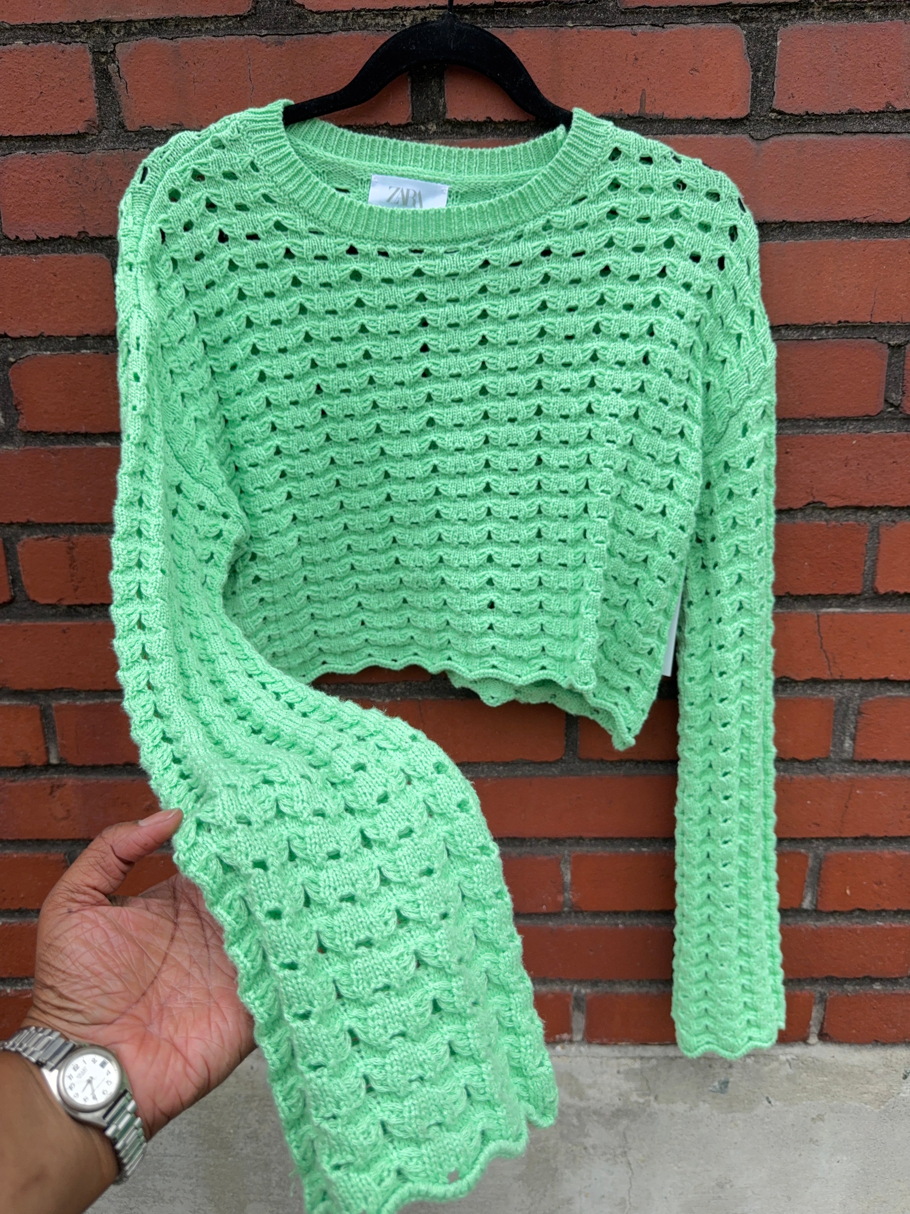 green zara crochet sweater, 13-14