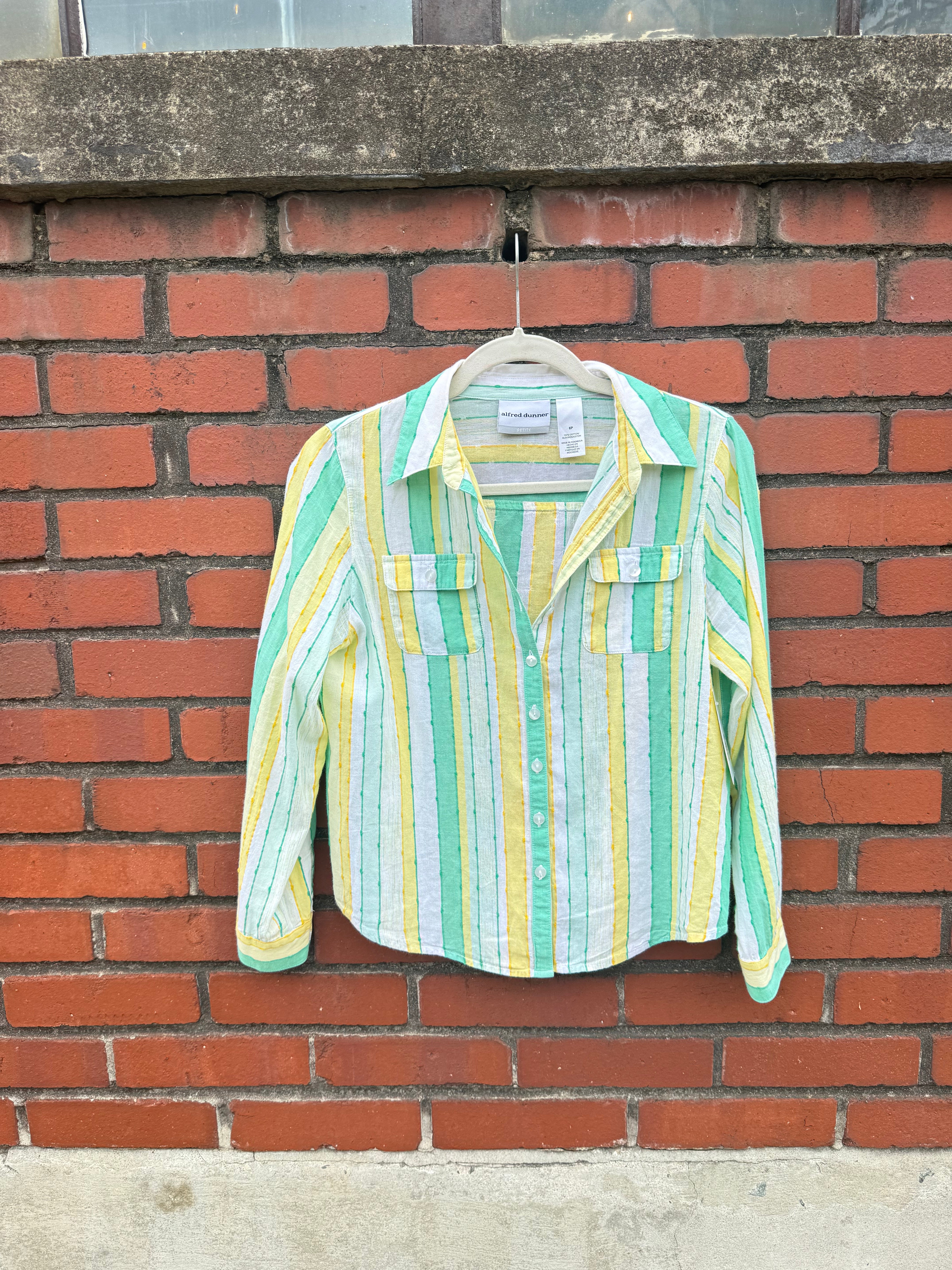 Green yellow white Alfred dunner Striped sheer button down ls, 6p