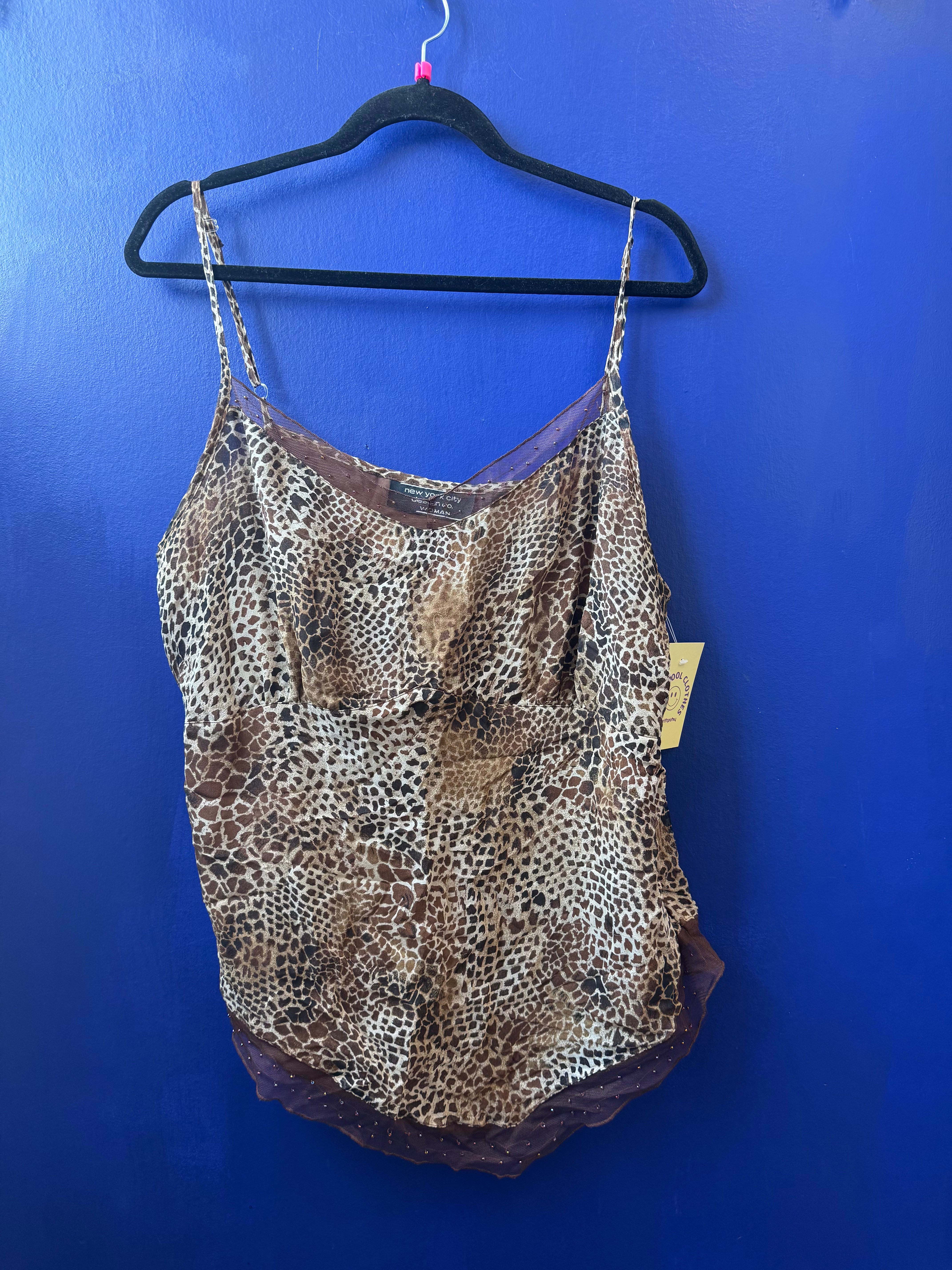 brown new york city silk animal print cami w beads, 1x