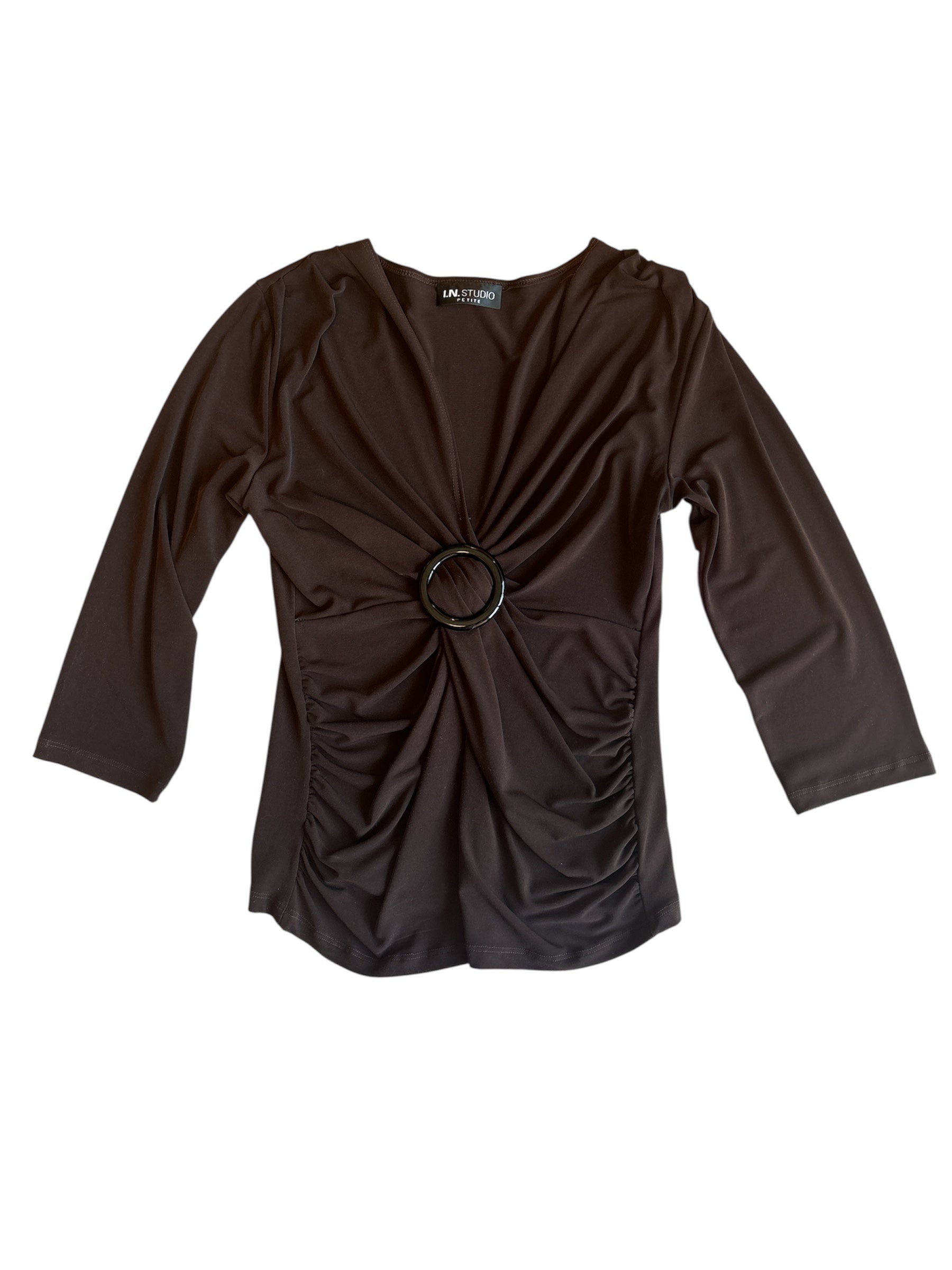 brown I.N circle buckle ruched quarter sleeve top, PM