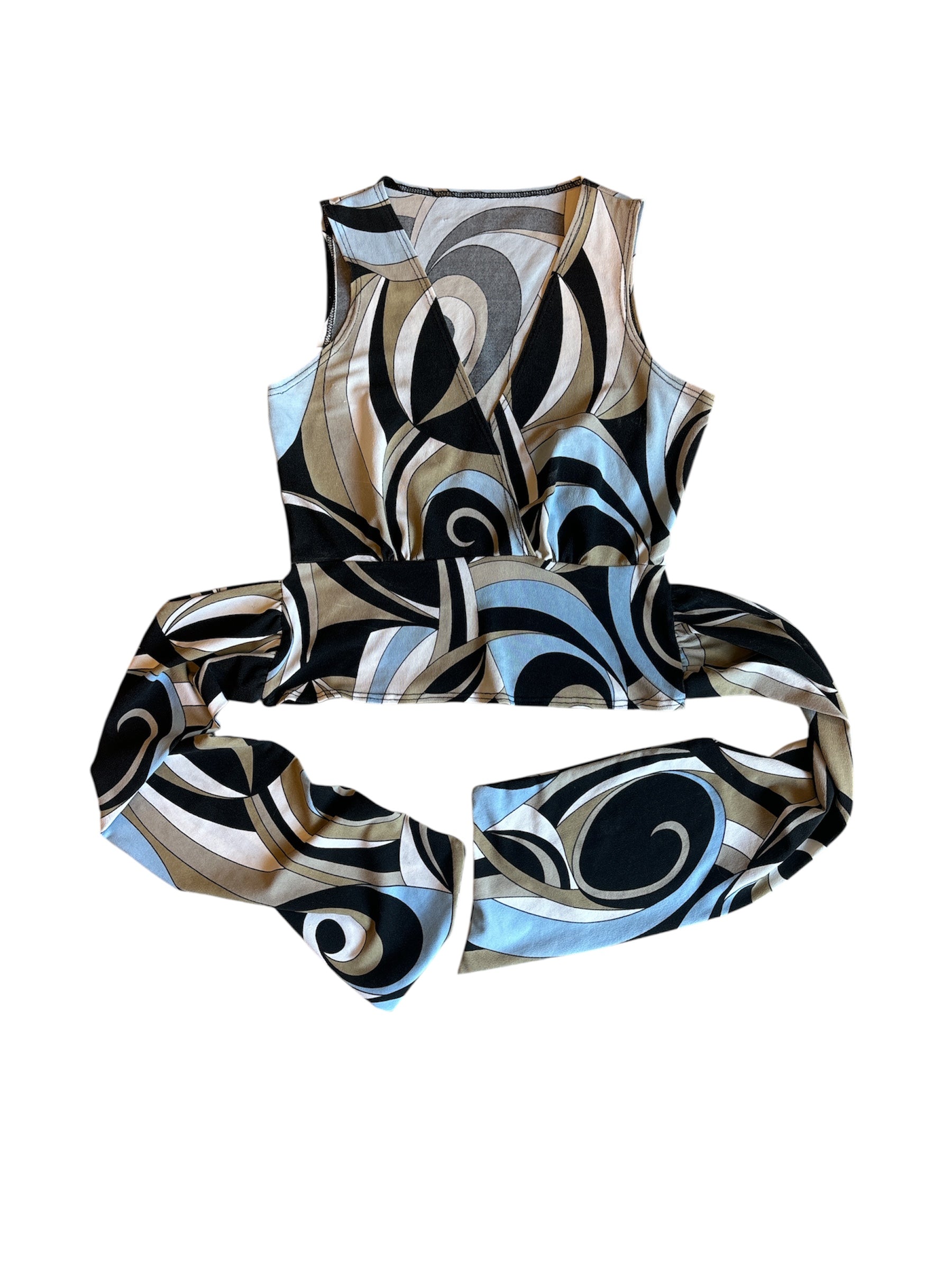 Brown green blue  Vtg swirl tie v neck, S