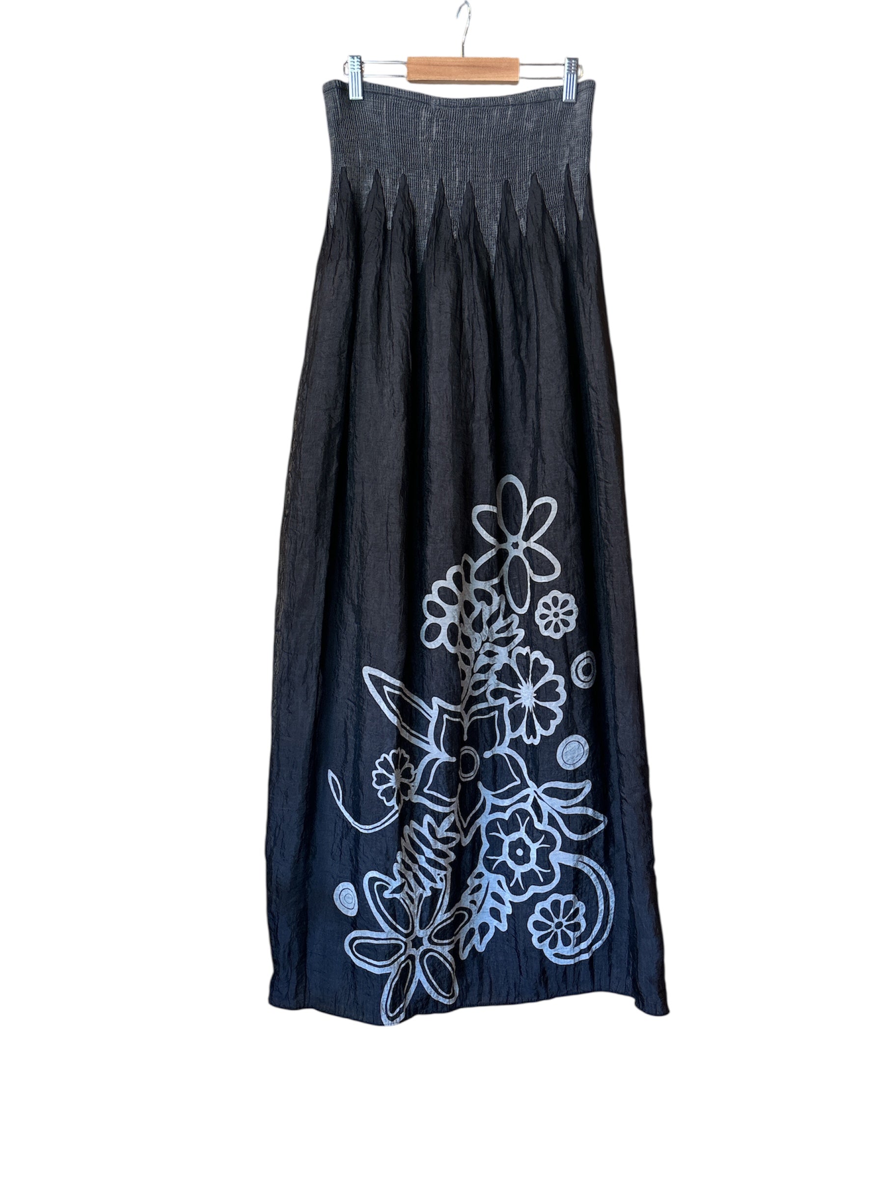 black gray lapis strapless floral dress, os