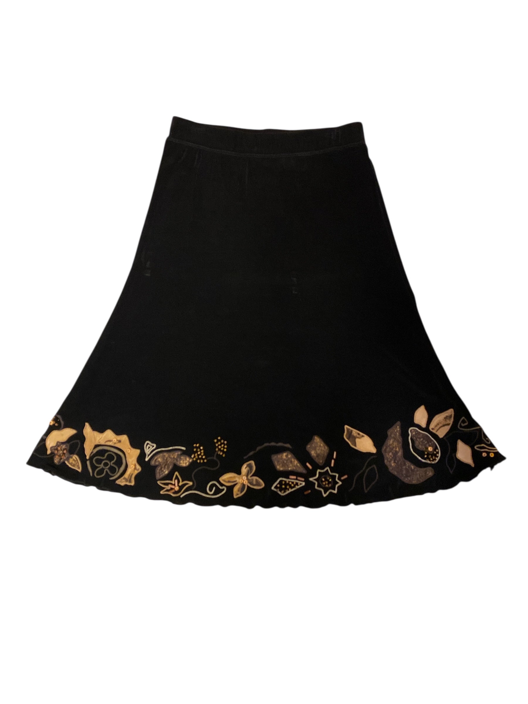 black tan chicos slinky floral skirt, 1
