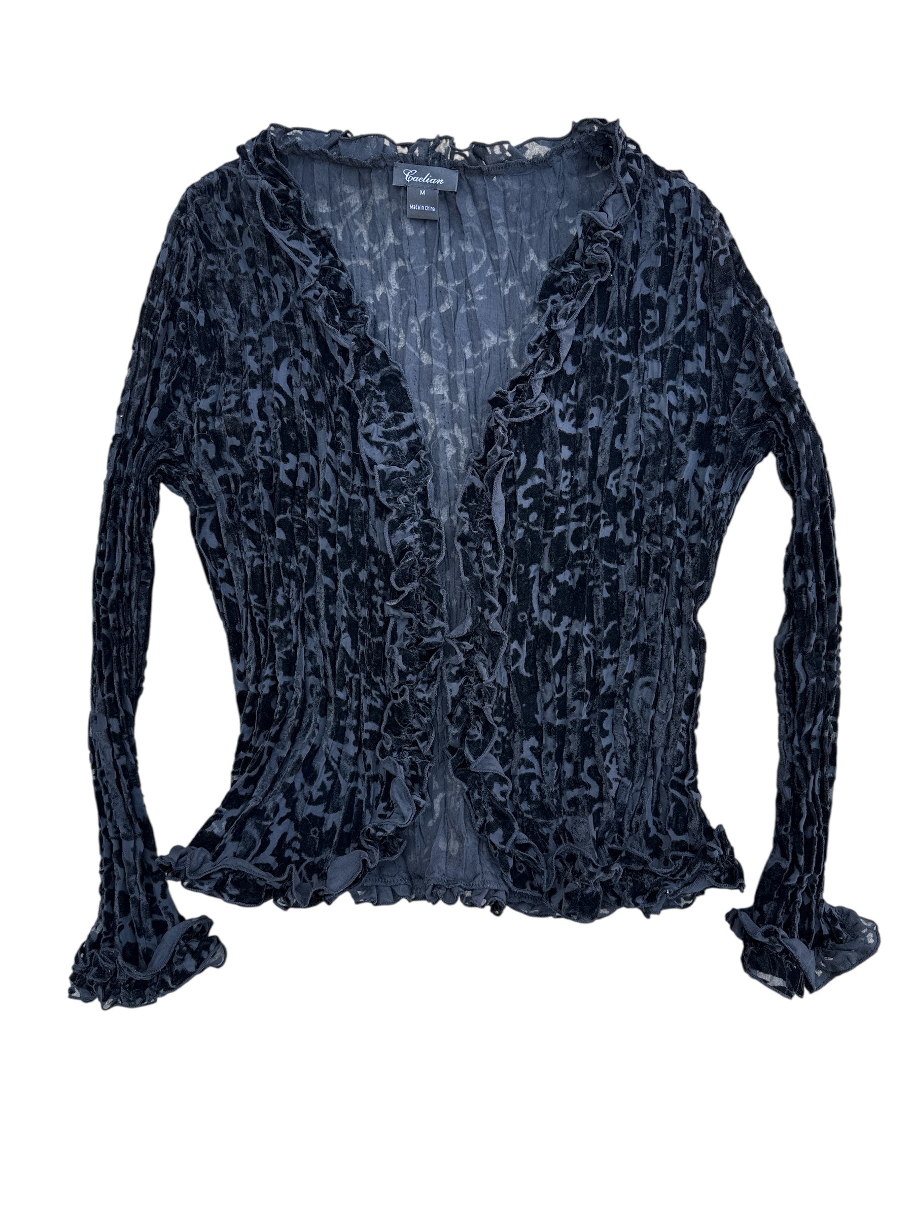 black caelian mesh velour ruffle top, m