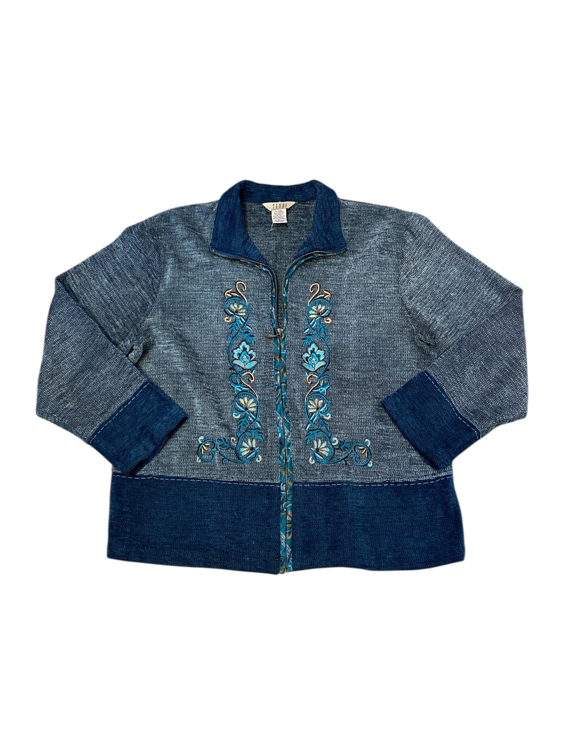 dark blue teal tan teddi embroidered floral textured sweater, PL
