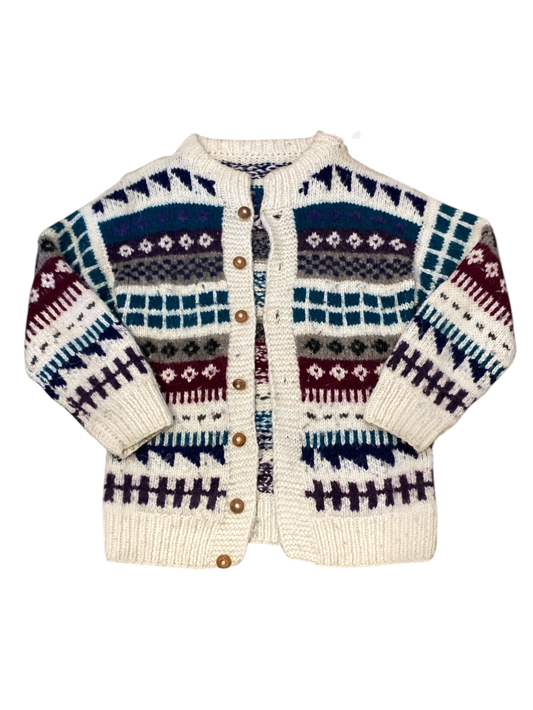 cream purple green  chunky patterned vtg cardigan, M