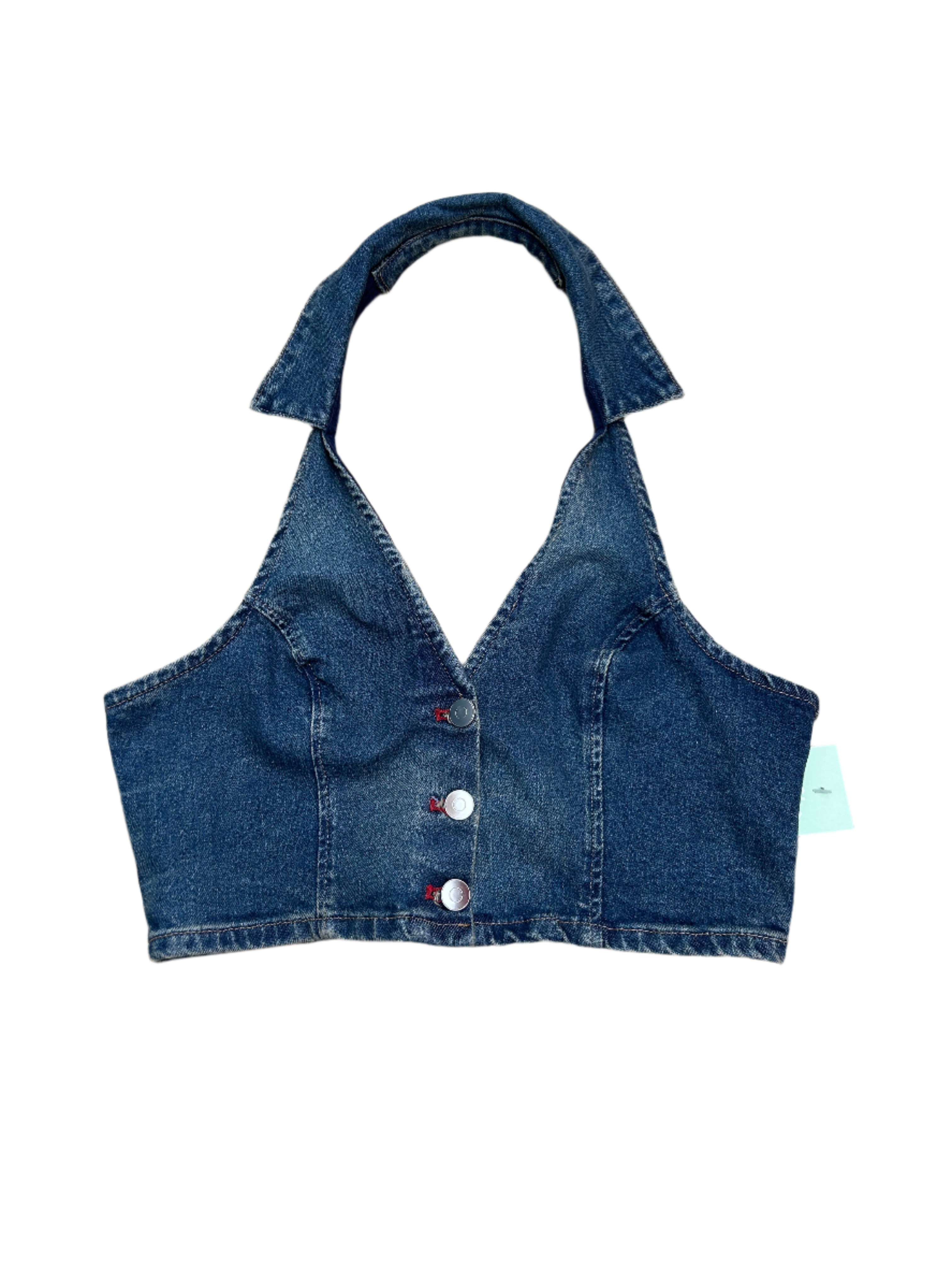 blue divided denim vest, m