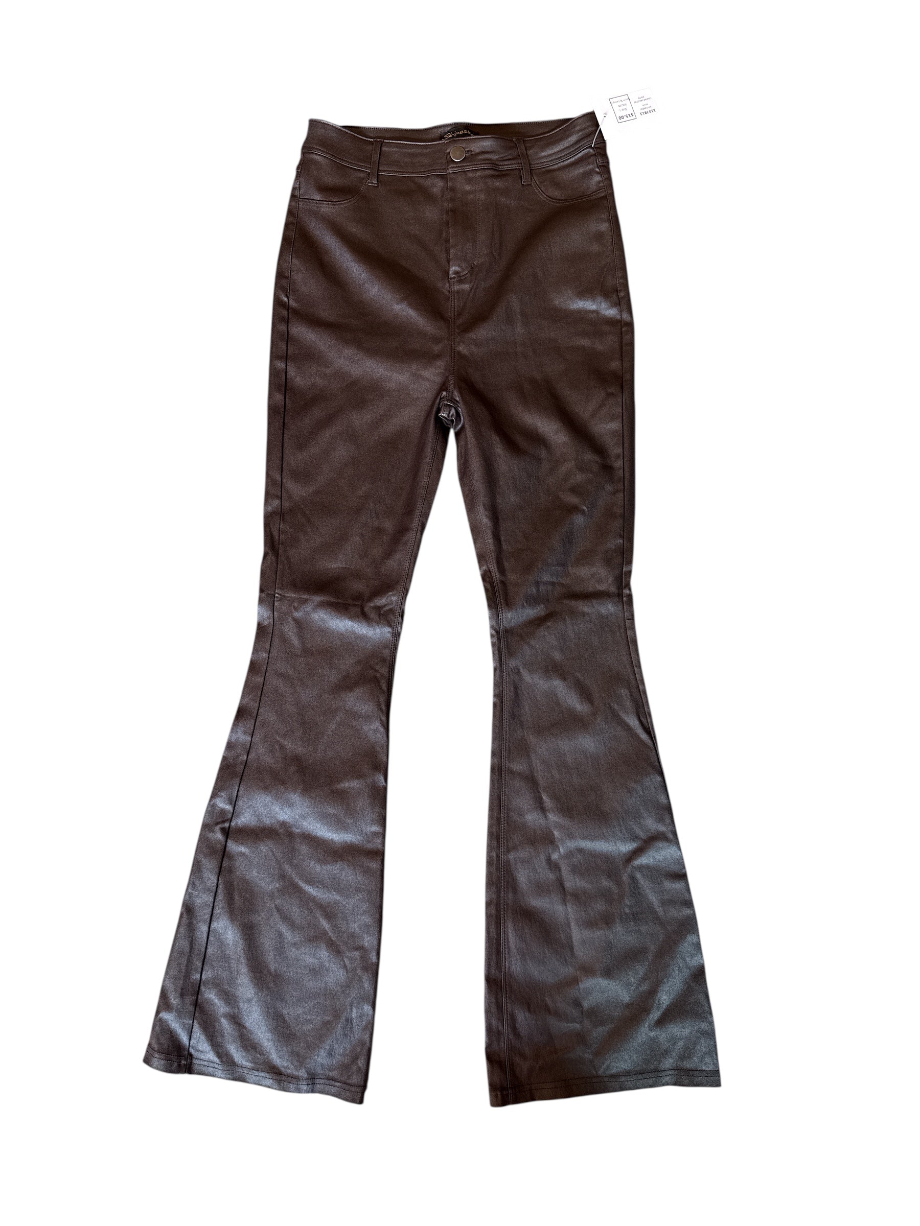 brown shinestar coated pleather pants, L