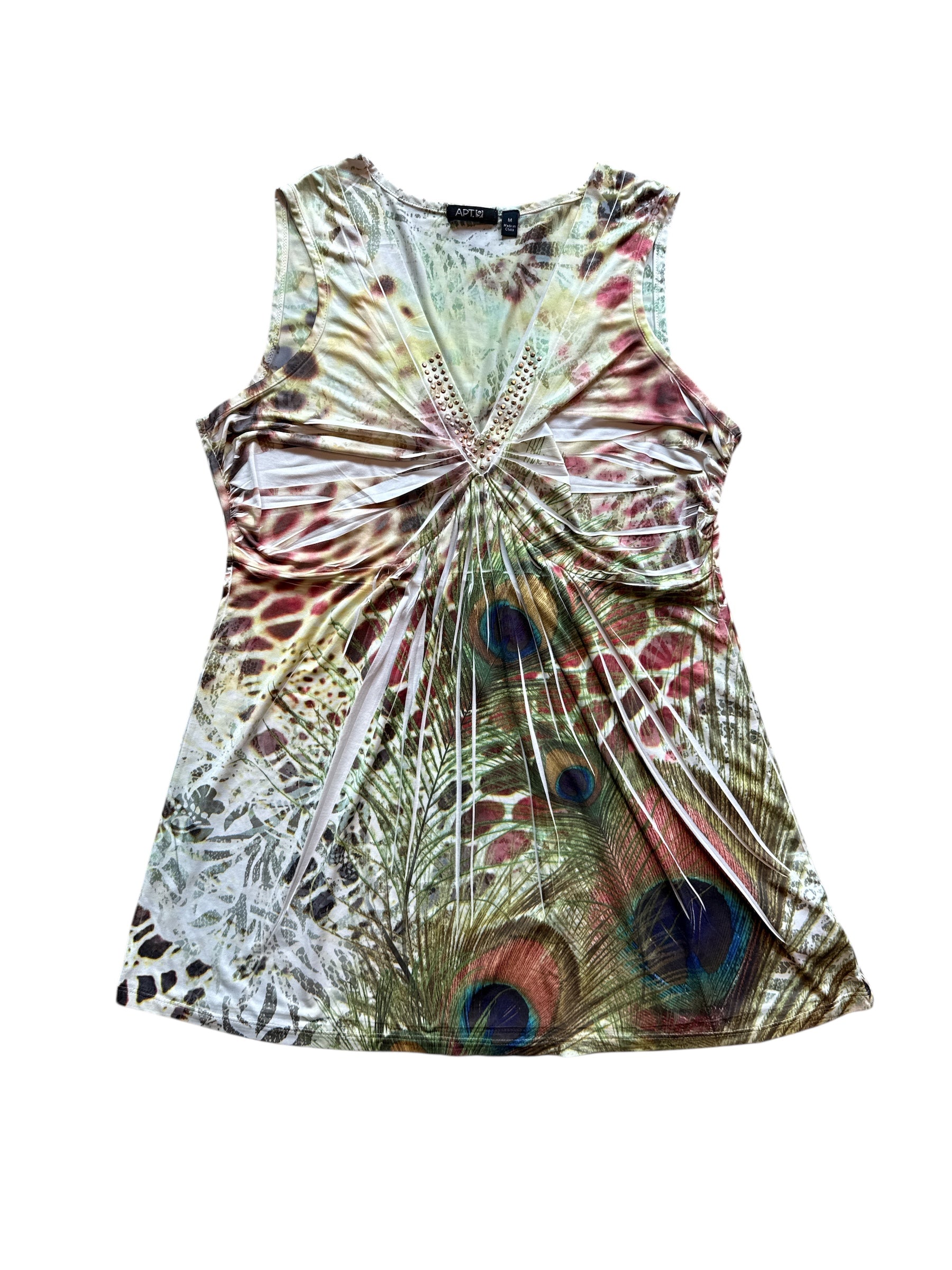 green yellow brown apt. 9 vneck whimsy patterned tank top, m