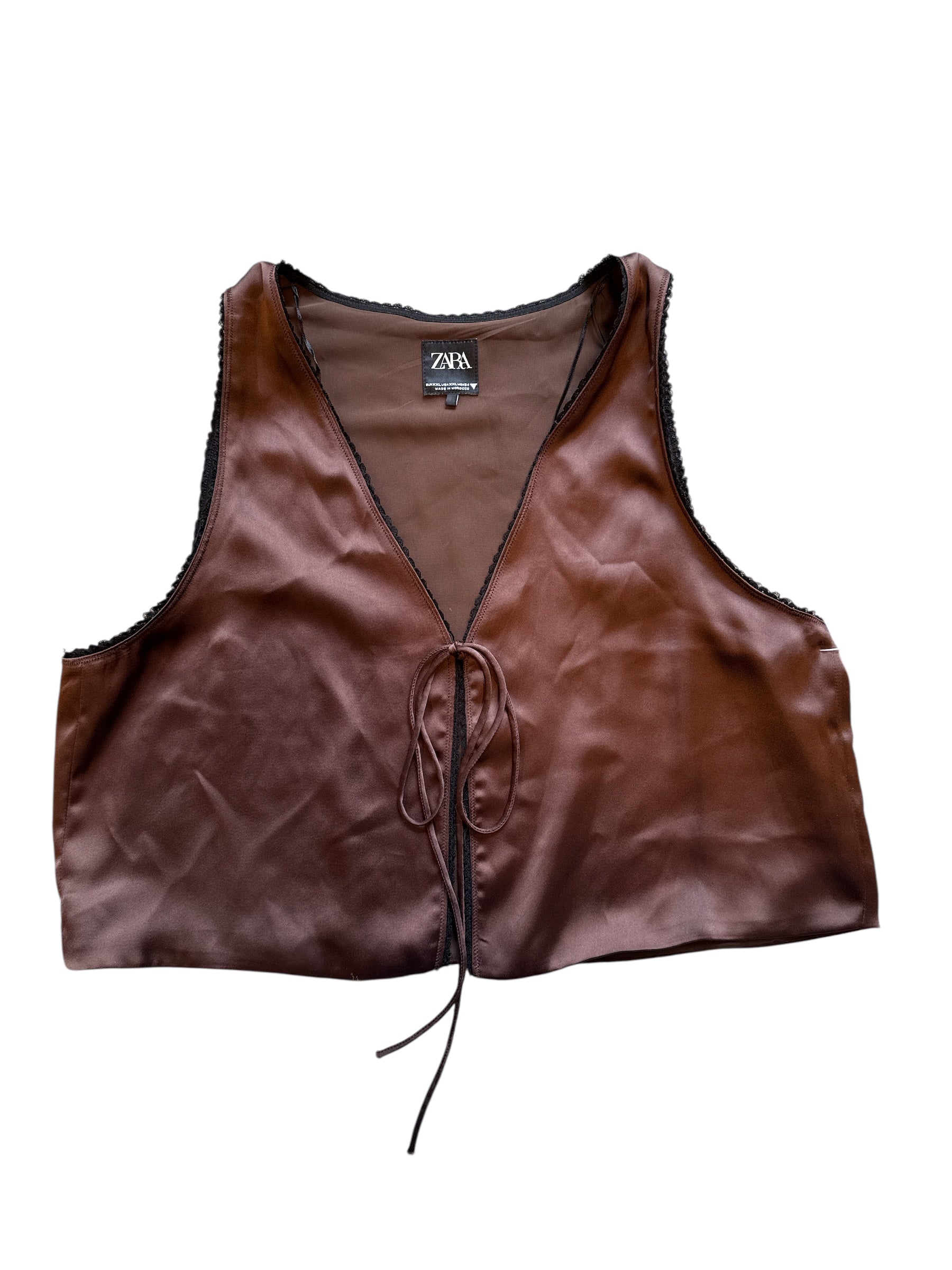 brown black zara lace trim satin tie front top, 2x