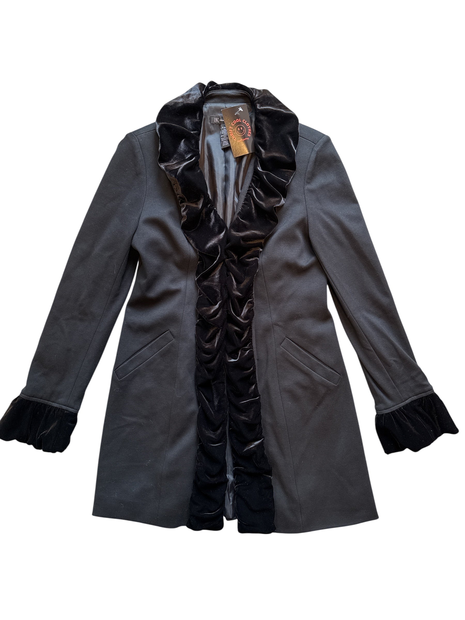 blac k inc coat w velour ruffles, xs