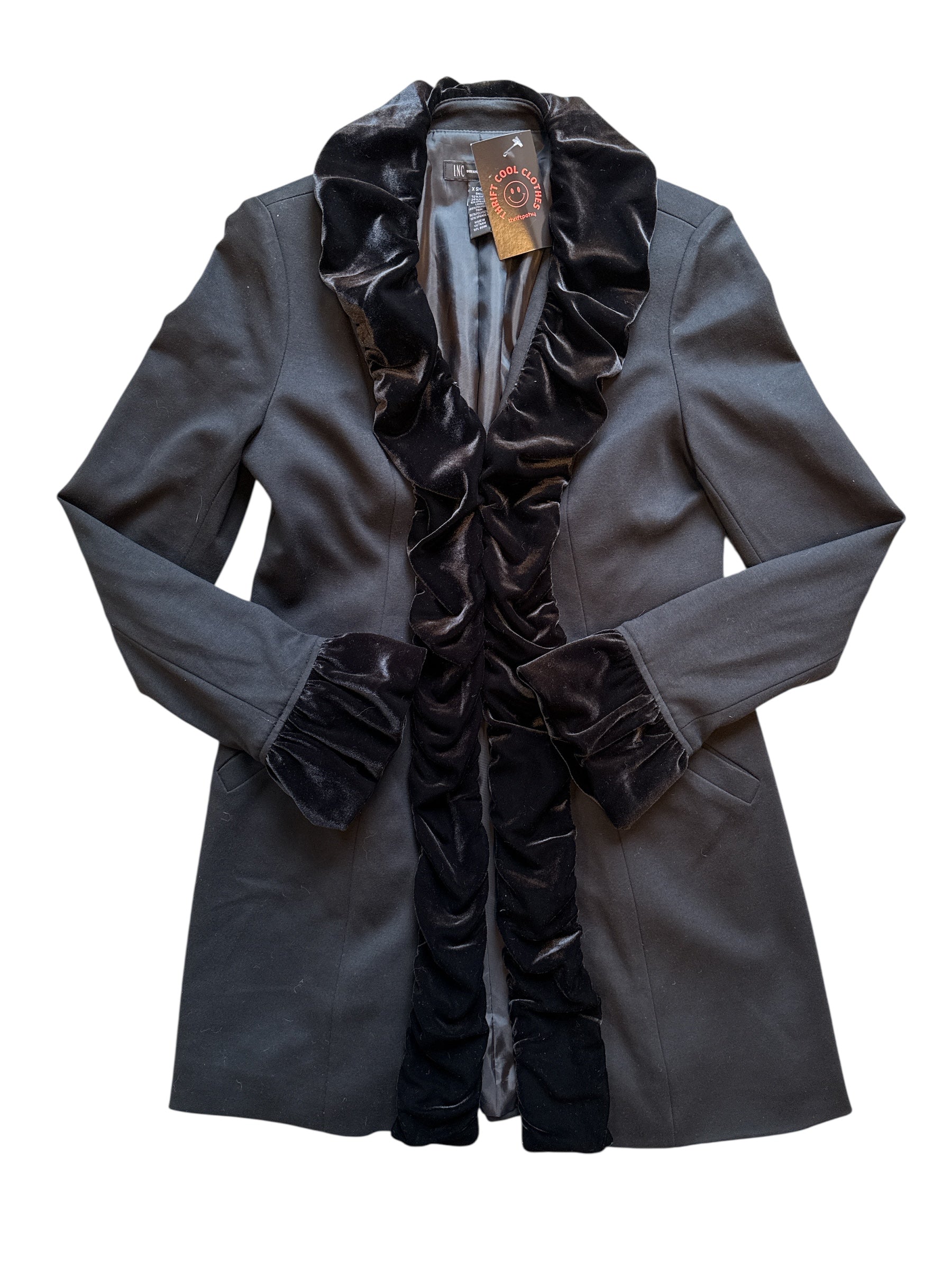 blac k inc coat w velour ruffles, xs