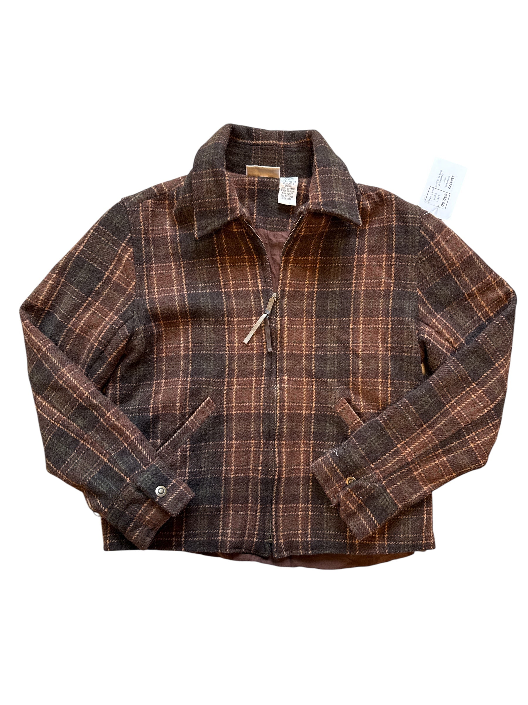 brown fashion bug vtg plaid wool blend zip up jacket, s