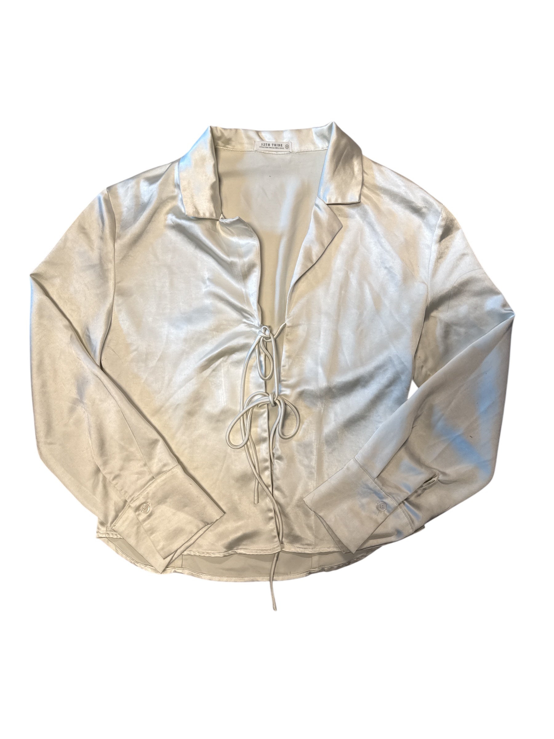 white 12th tribe satin tie collar top, s