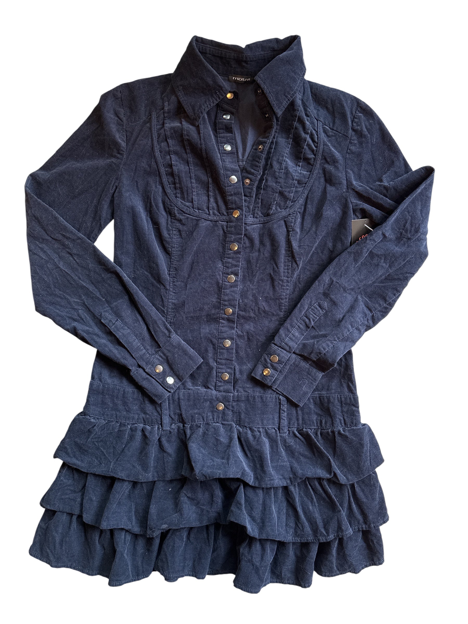 Navy blue Motivi Cord button down ruffle trim dress, 6
