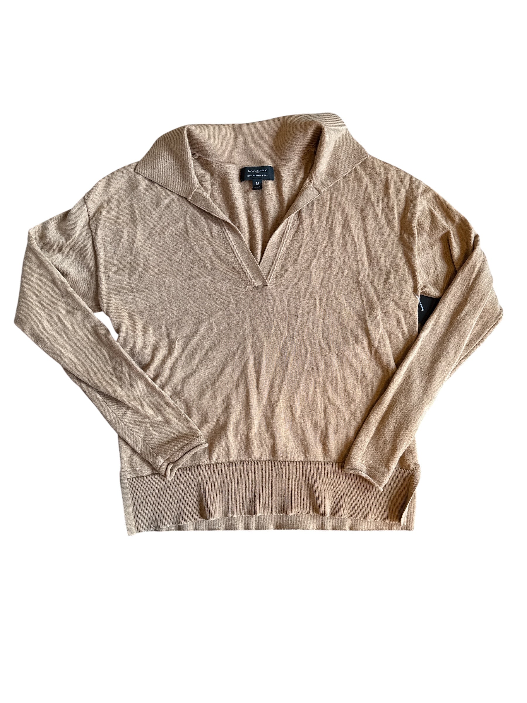 tan banana republic vneck collared ls top, m