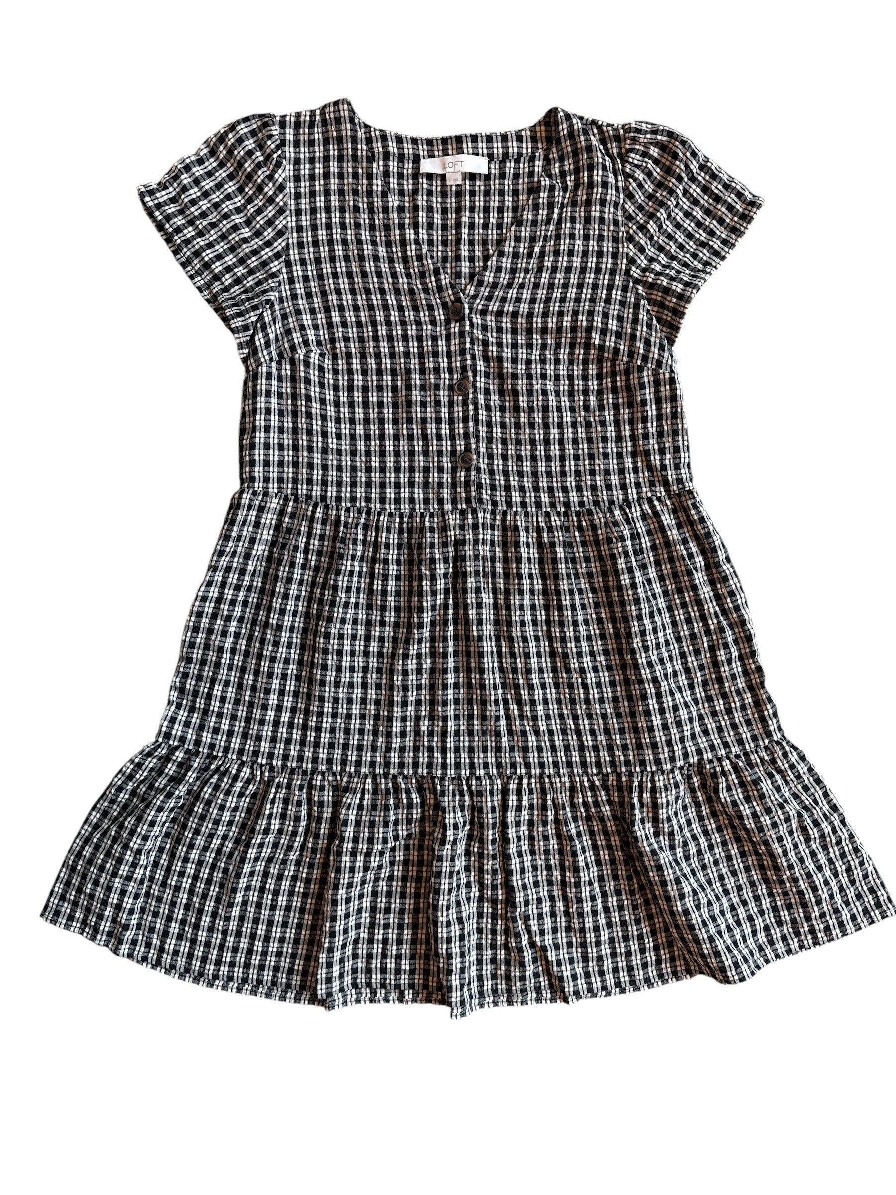 Black whitw Loft Plaid smocked v neck dress, S