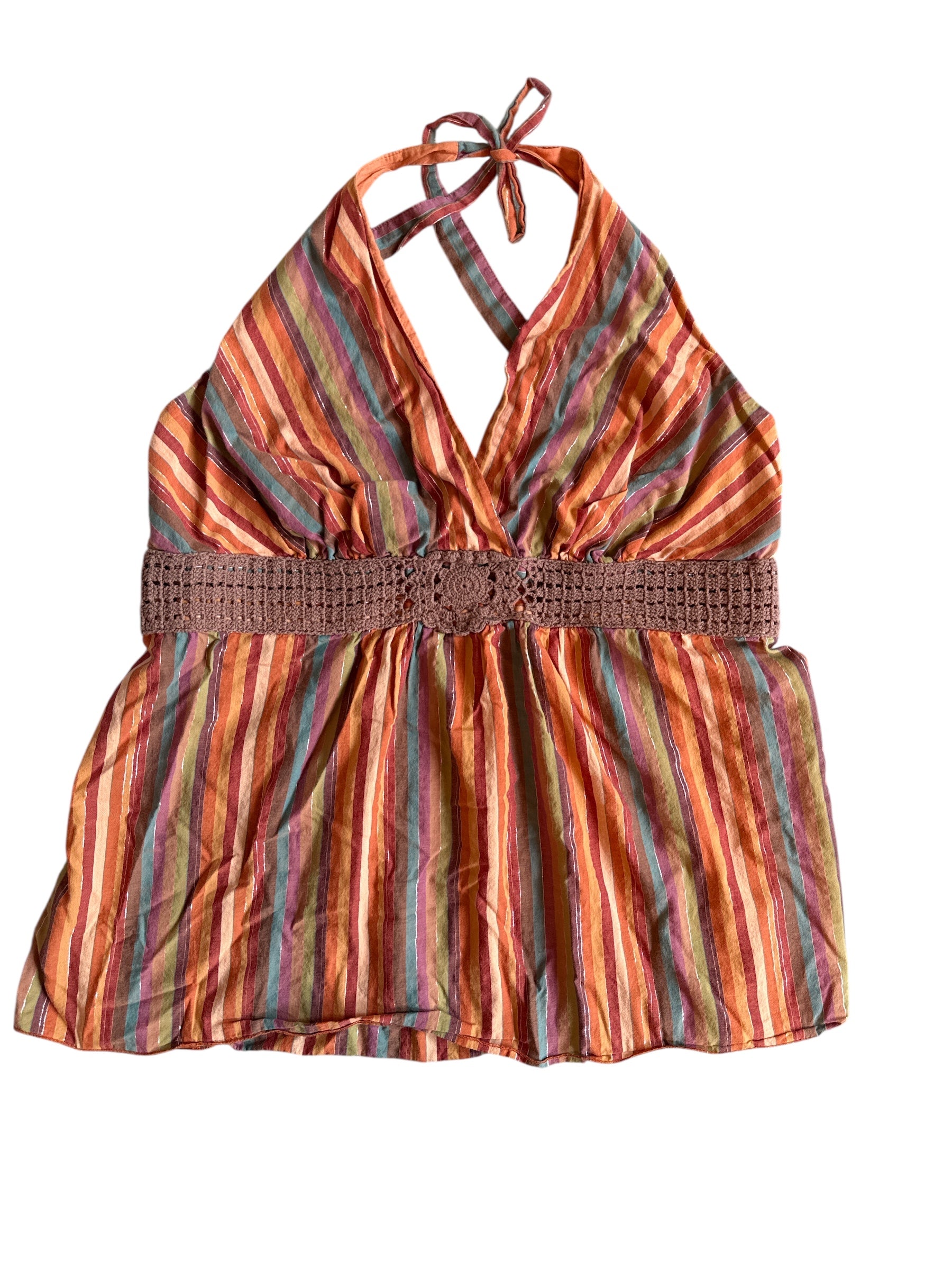 Orange green Venezia Stripe halter w crochet, 16
