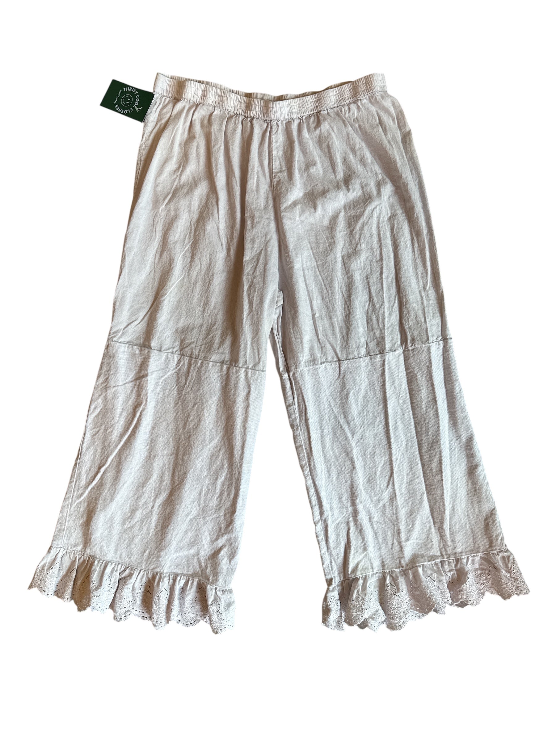 white soft surroundings flowy pant w embroidered lettuce trim, L