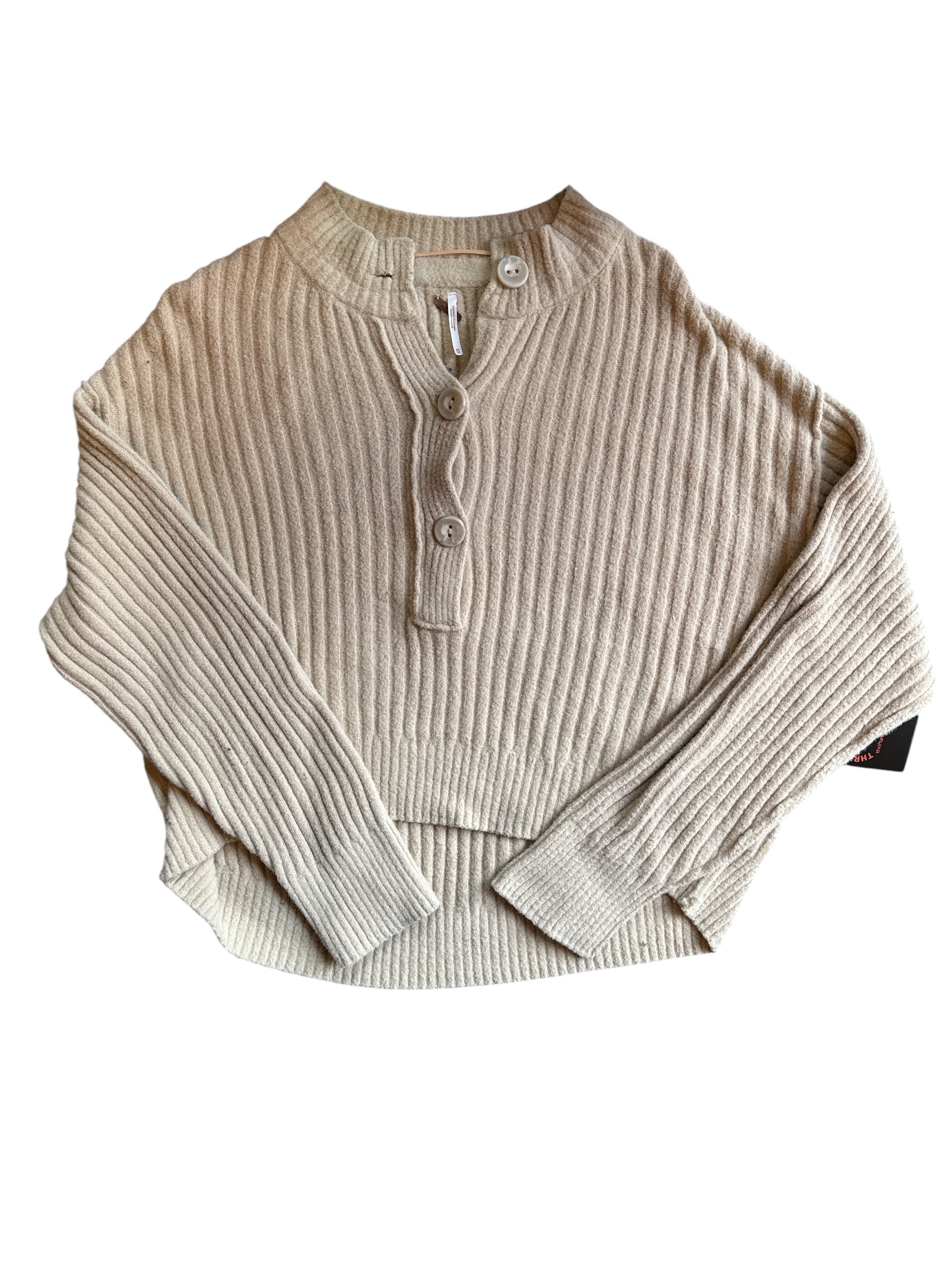 tan free people ribbed sweater with half button, xs