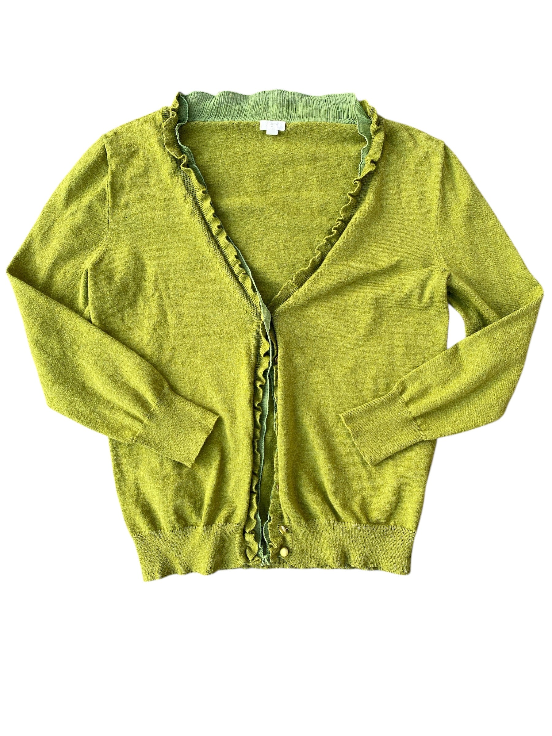 green j crew ruffle cardigan, xs