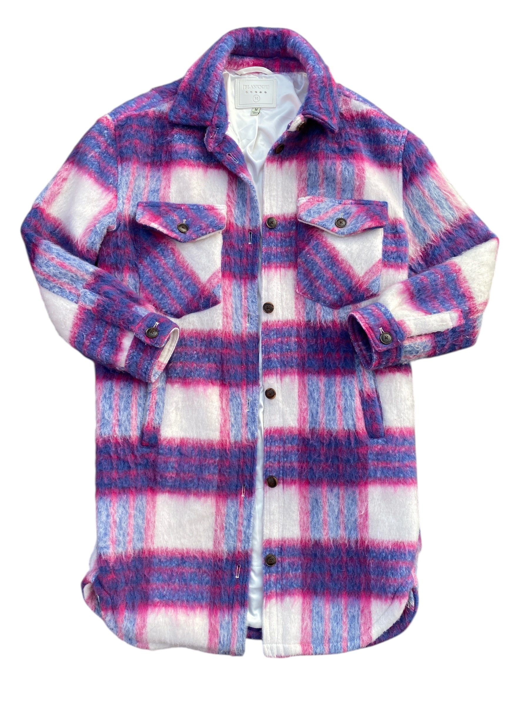purple pink blanknyc long plaid shacket, m