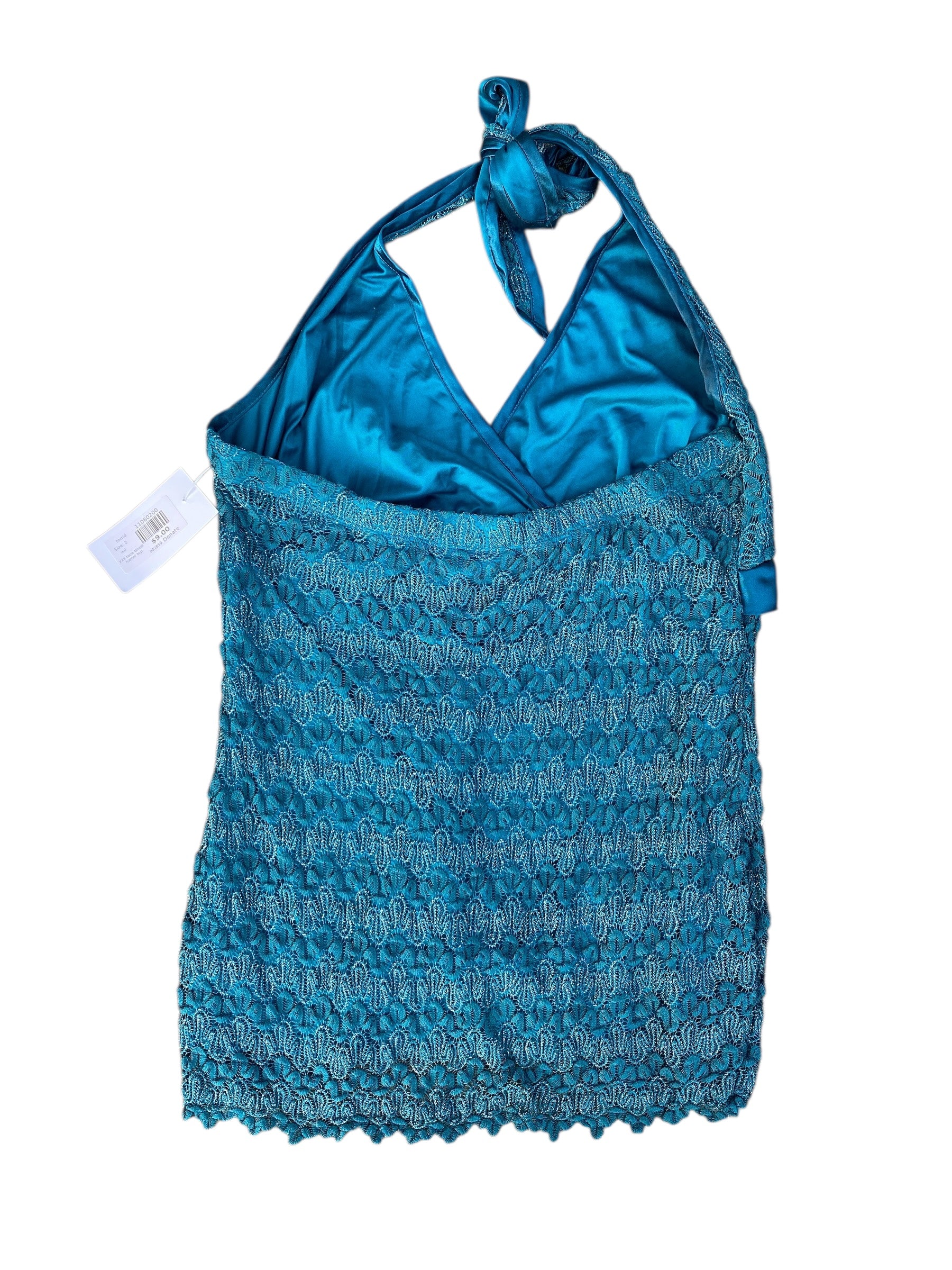 teal torrid y2k lace tinsel halter top, 2