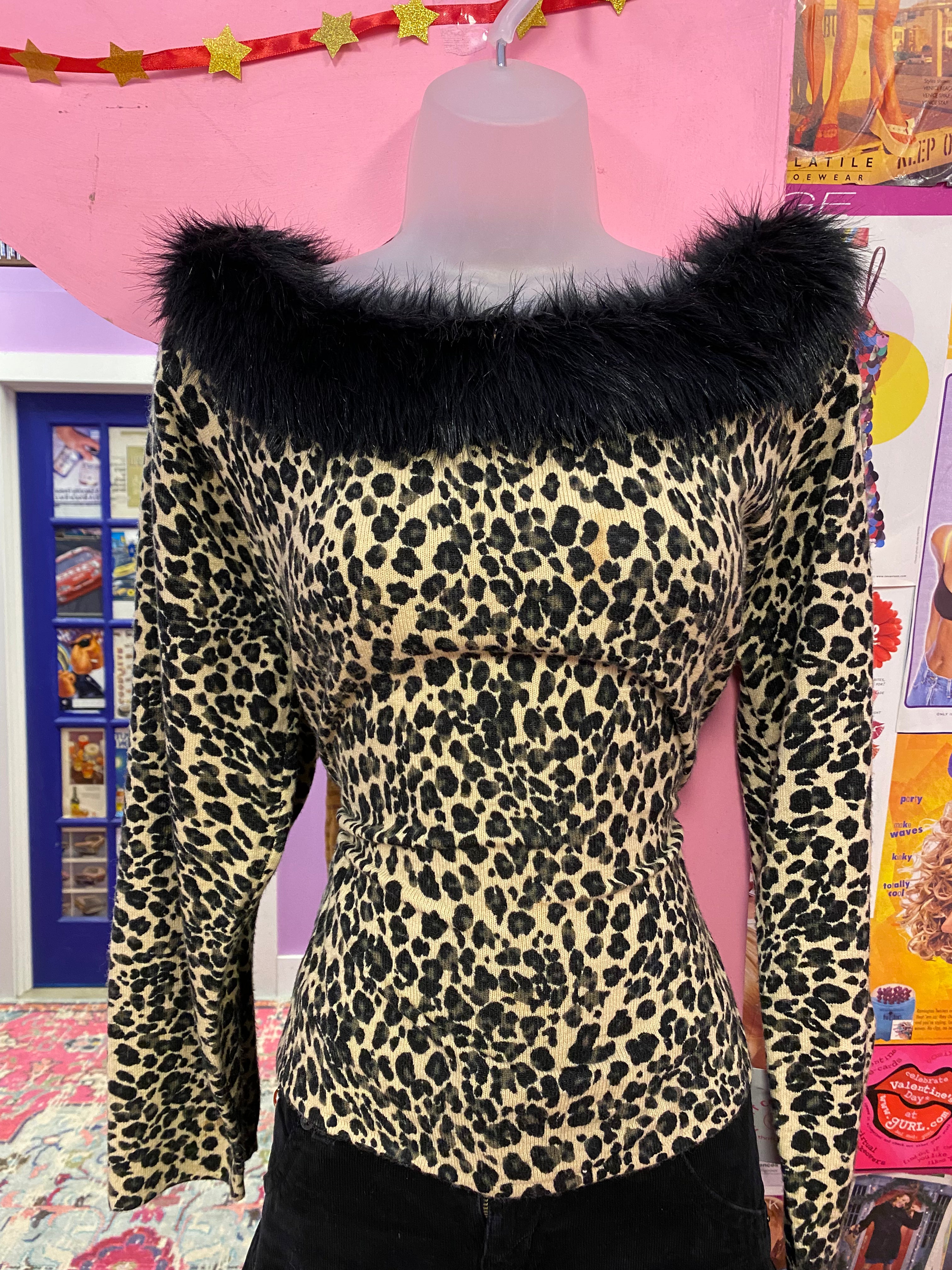 Beige black Good clothes Fur trim leopard ls, L