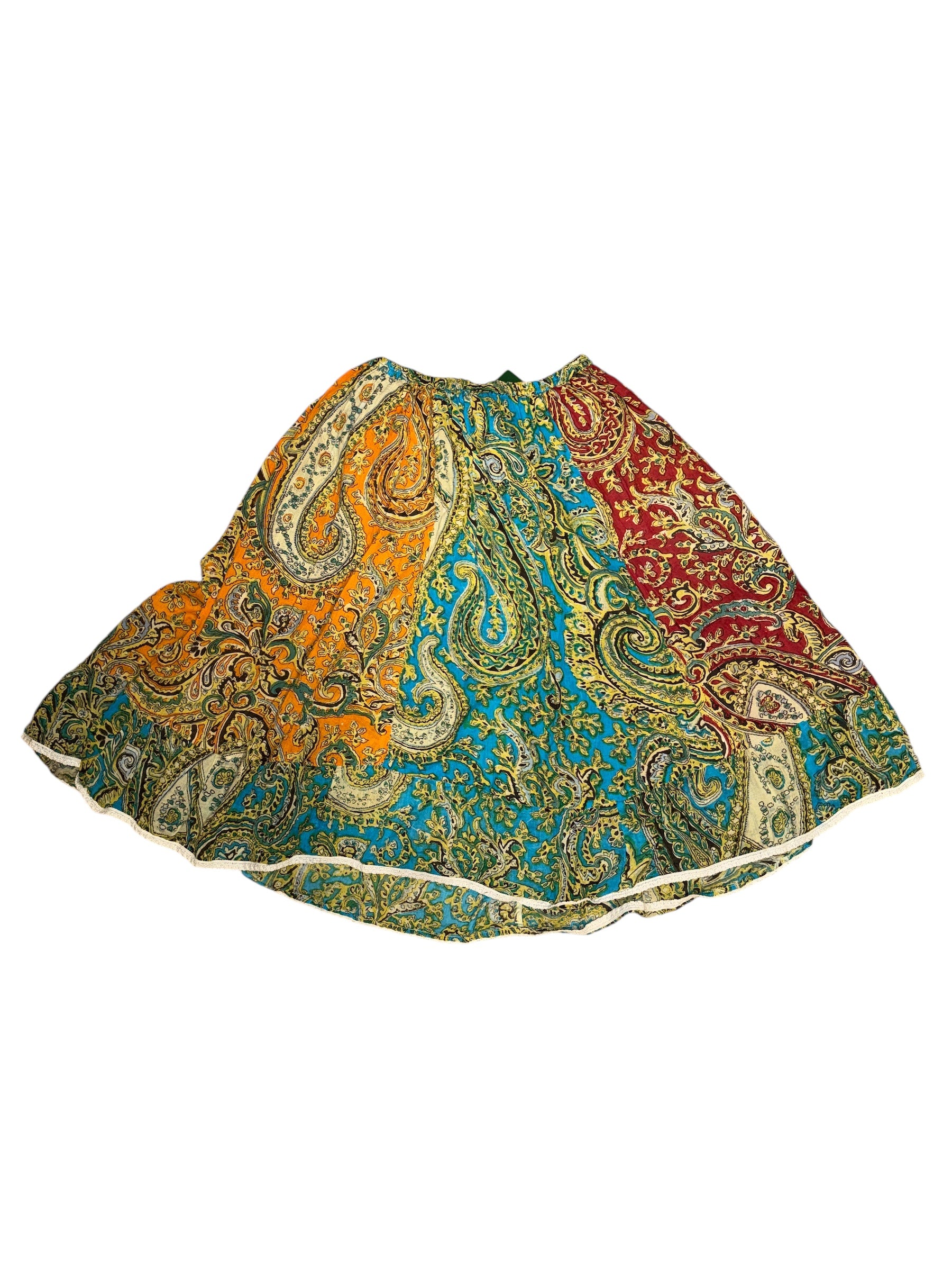yellow blue red raj patterned midi skirt, os