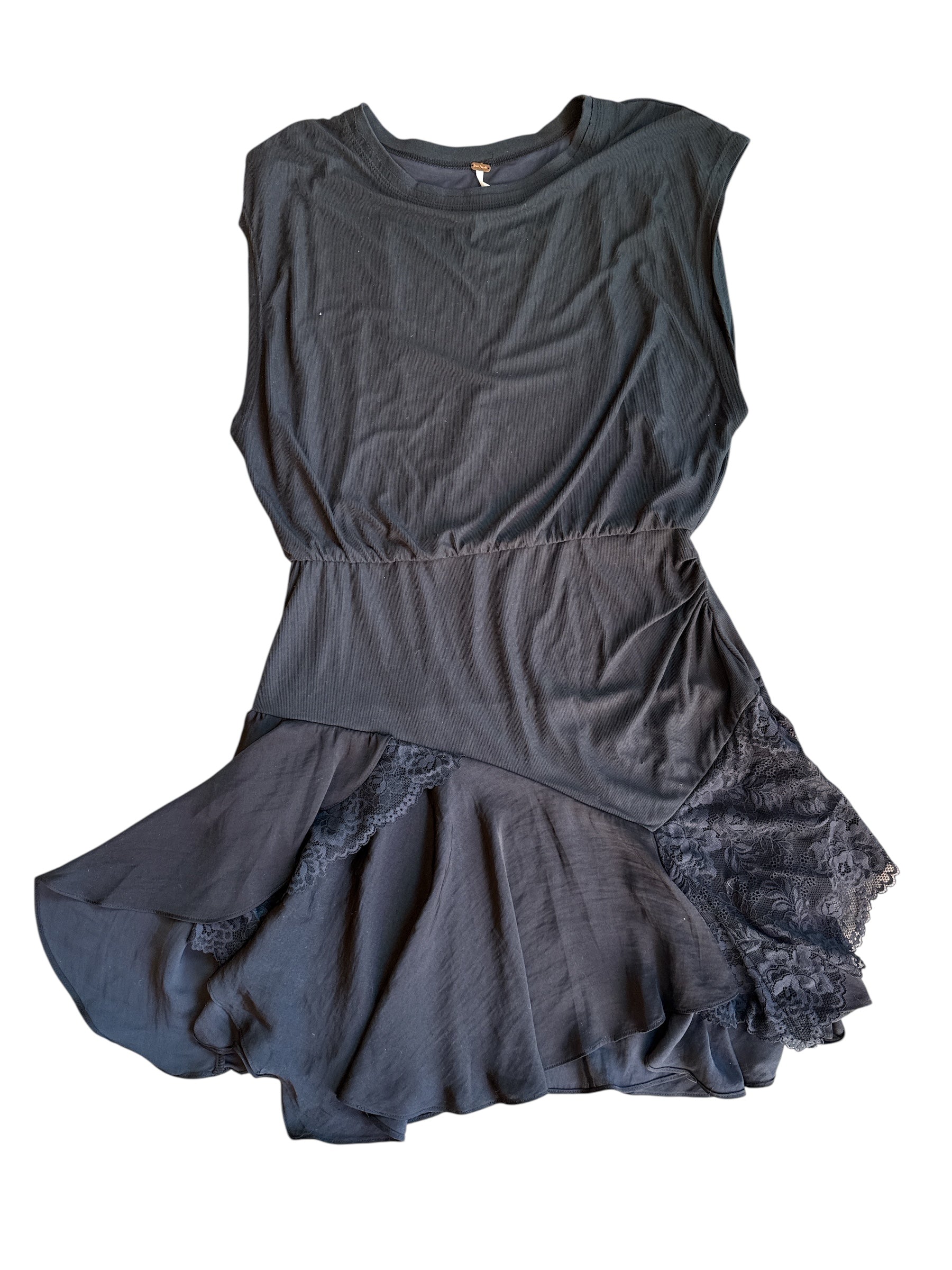 black free people lace ruffle trim ss dress, L