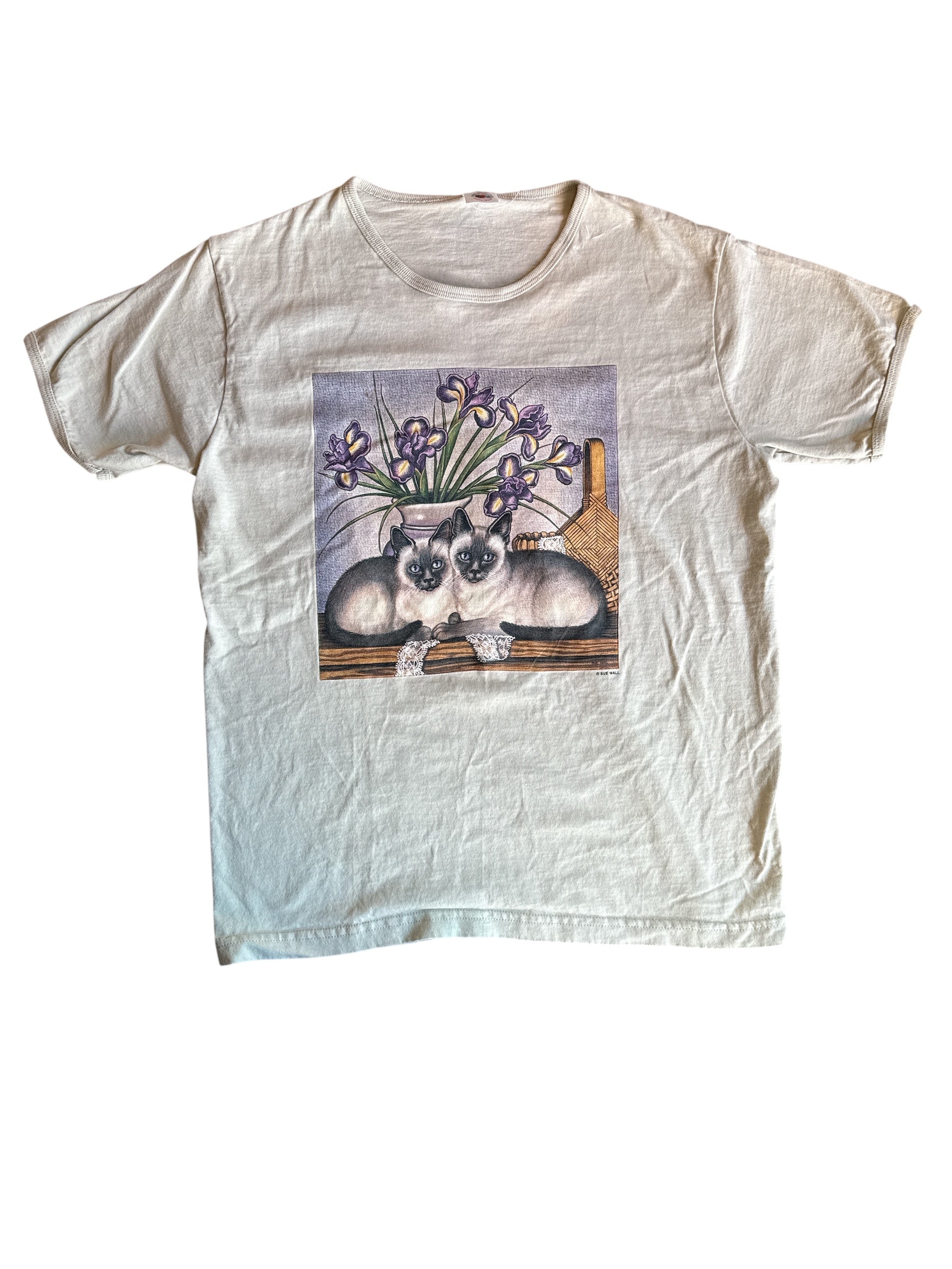 Creme fruit of the loom cat vase tee, L