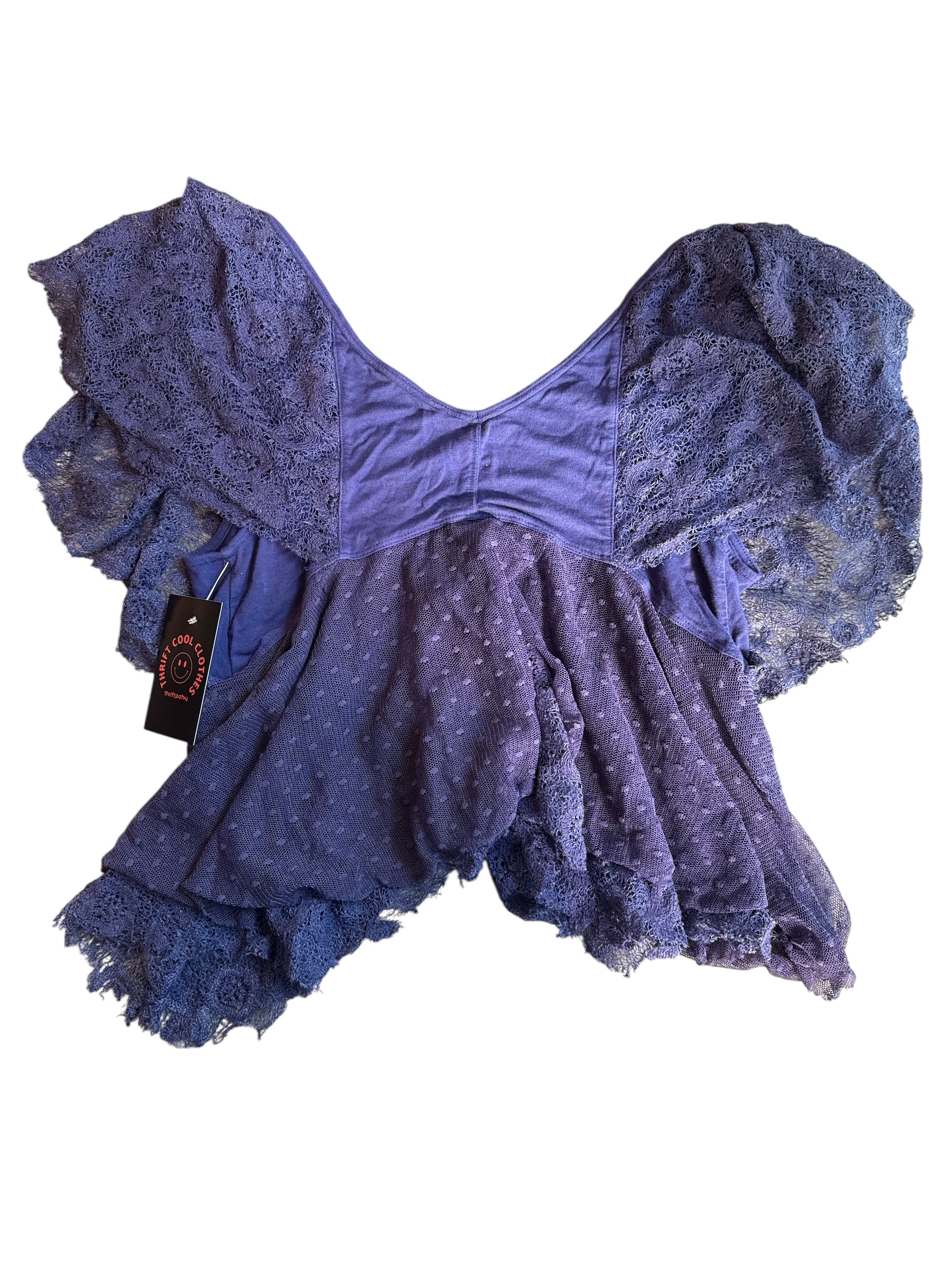 navy free people lace sleeve ruffle v neck, L